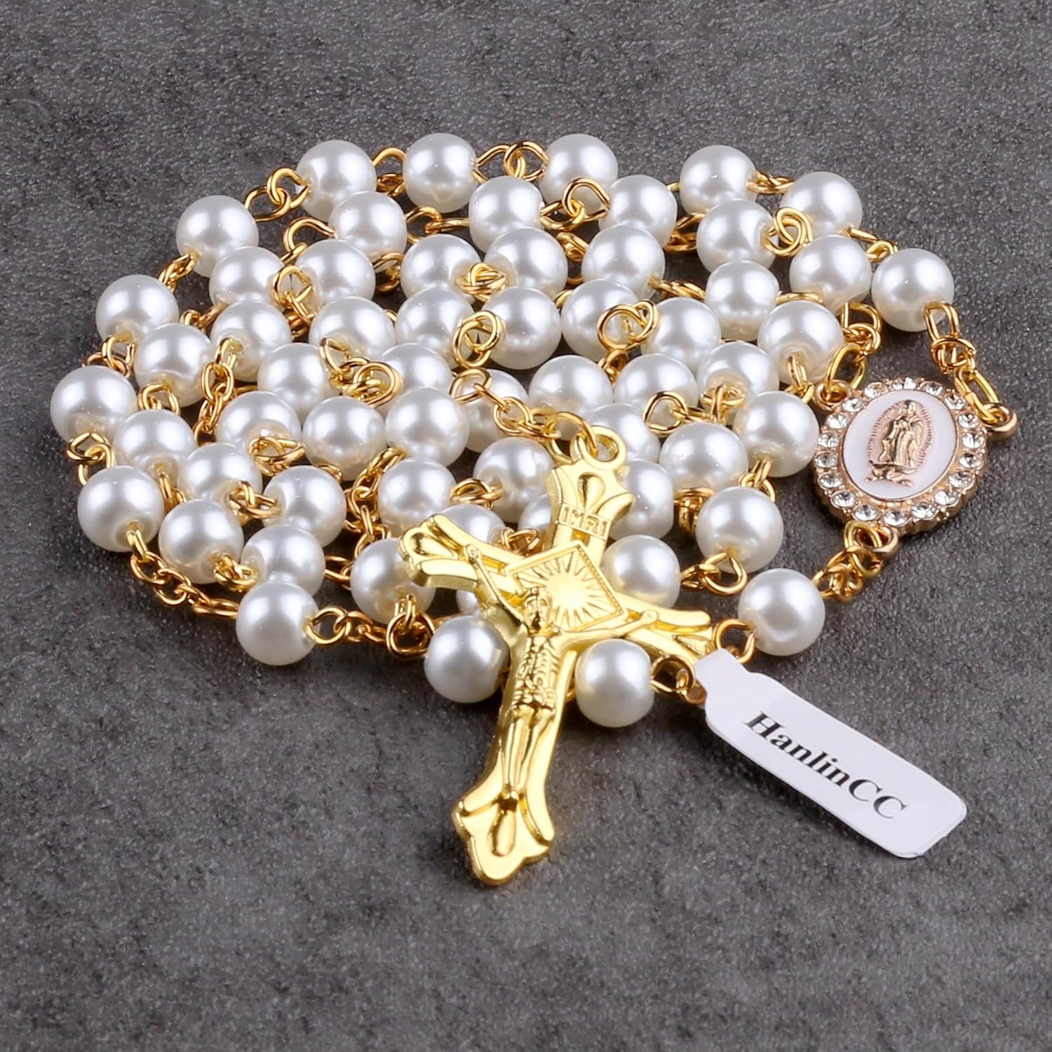 HanlinCC Glass Pearl Beads Our Lady of Guadalupe Catholic Rosary Neckalce with Titanium Steel Rose Flower Diamond Gift Box - Image 4