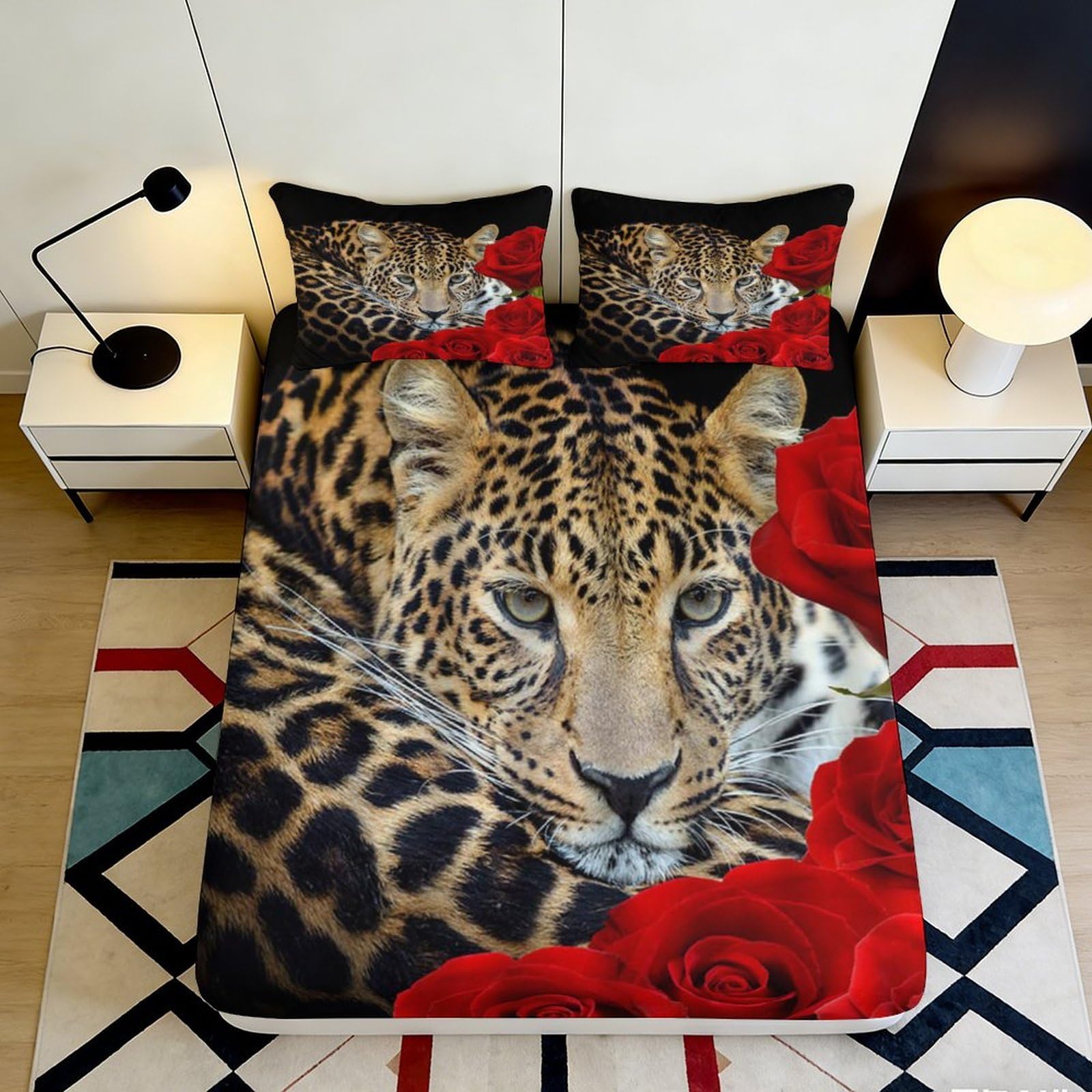 Kzqnxhjprl Style-1 3D Printed Leopard Rose Fitted Sheet Microfiber Soft Anti-Slip Bed Cover Bedroom Decor Machine Washable 90X200x25cm