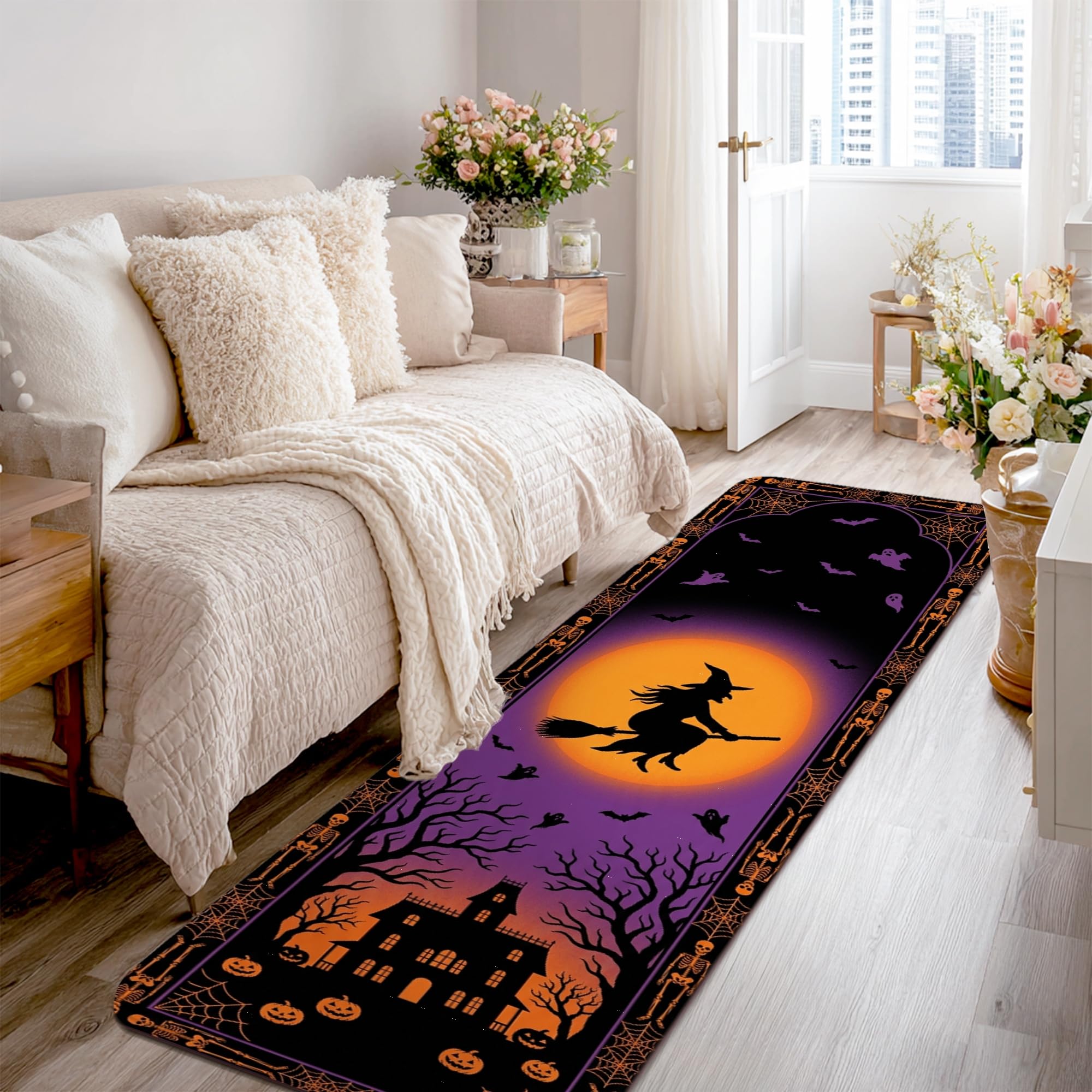 Alfombra pasillera de Halloween antideslizante estética morada con murciélagos