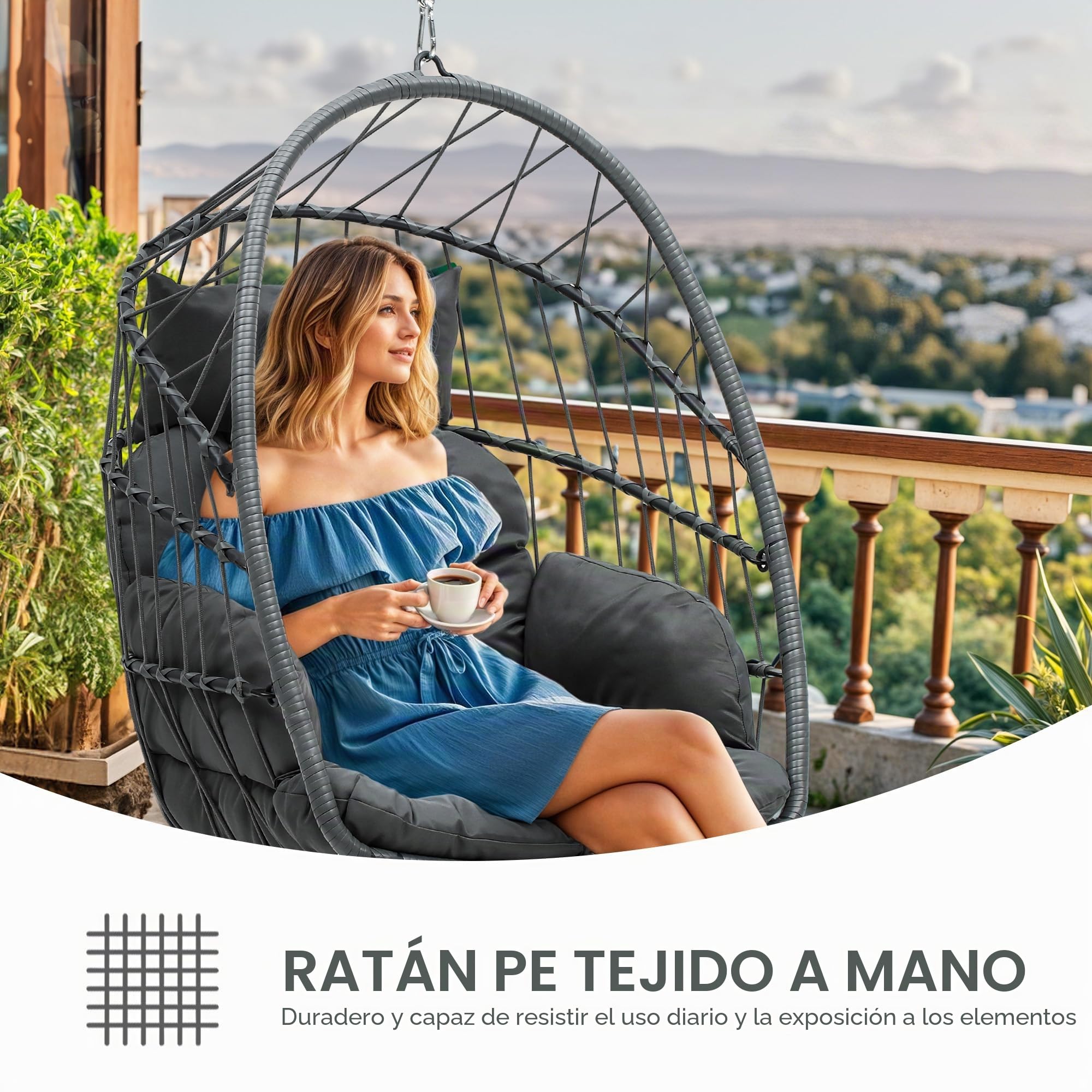 YITAHOME Silla Columpio Carga Máx. 150kg Silla Colgante de Forma Huevo con 2 Cojines, Estructura de Mimbre Resistente, 74x72x105cm Silla Colgante con Cadena y Gancho para Patio, Jardín, Interior, Gris