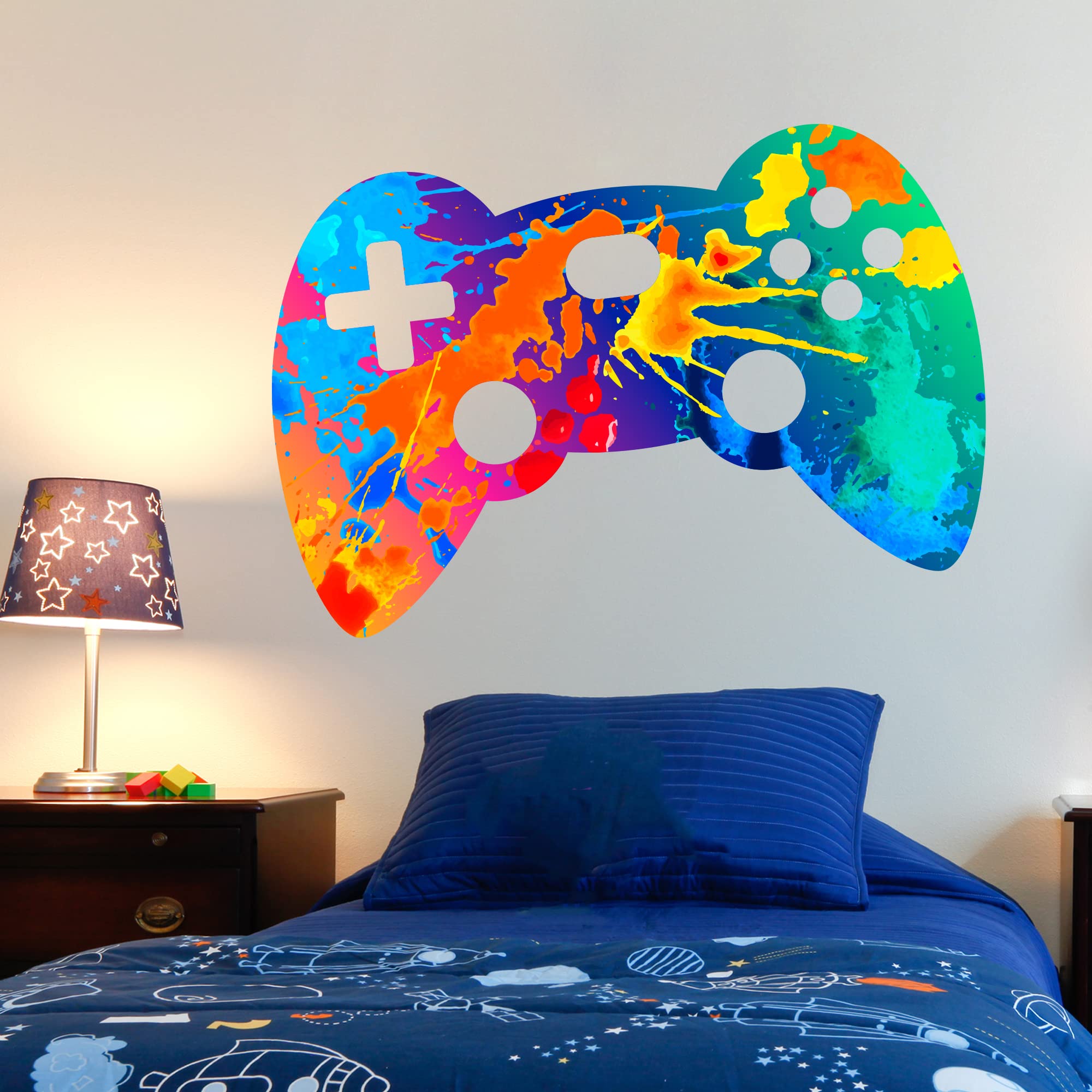 Gaming Wall Sticker - Paint Splatter Gamer Controller Wall Decal Art (120cm Width x 80cm Height)