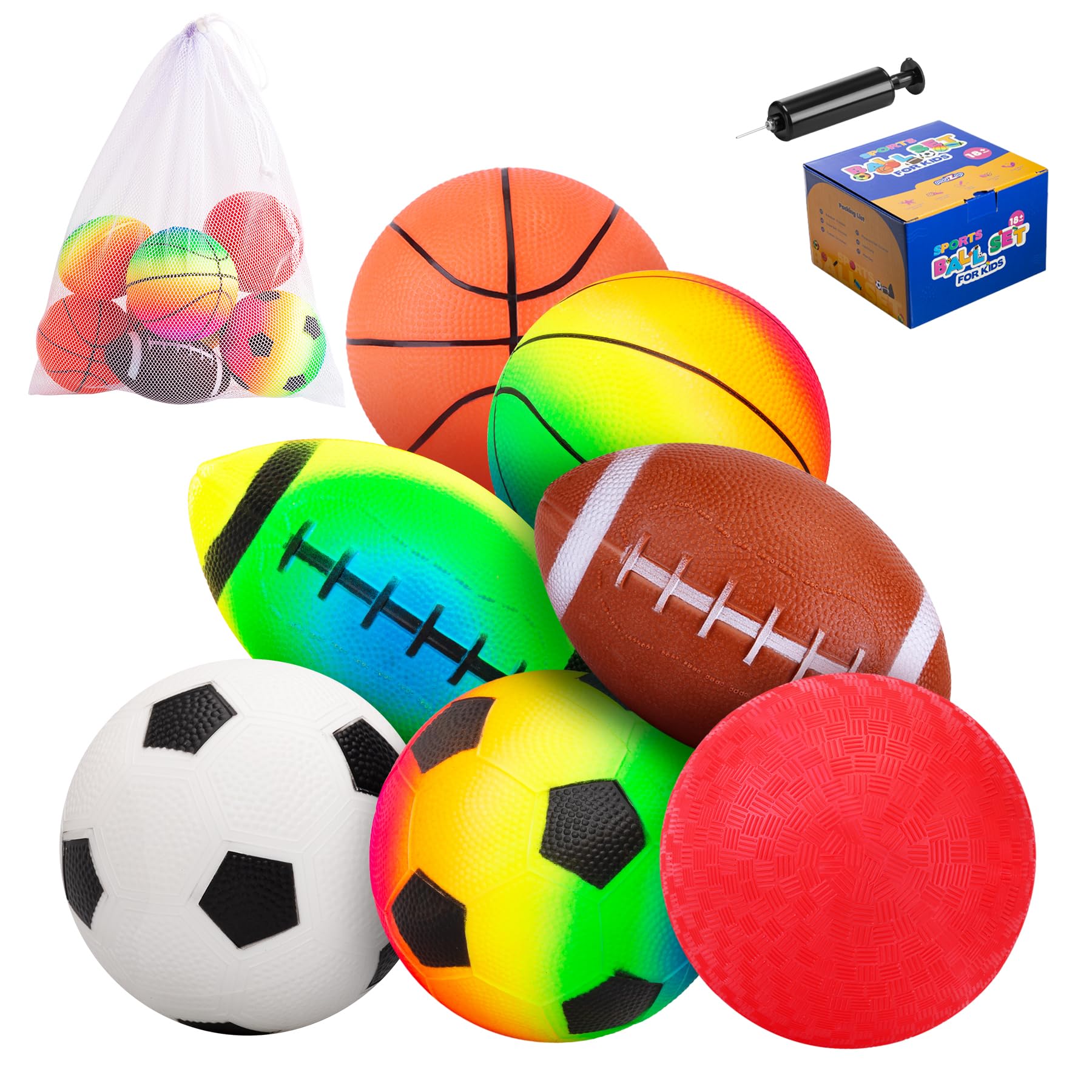 Juego de 7 pelotas suaves para niños pequeños y niños (de 1 a 6 años) – Incluye pelotas de parque de juegos de 5 pulgadas, fútbol, fútbol y baloncesto – Ideal para el hogar, patio, piscina