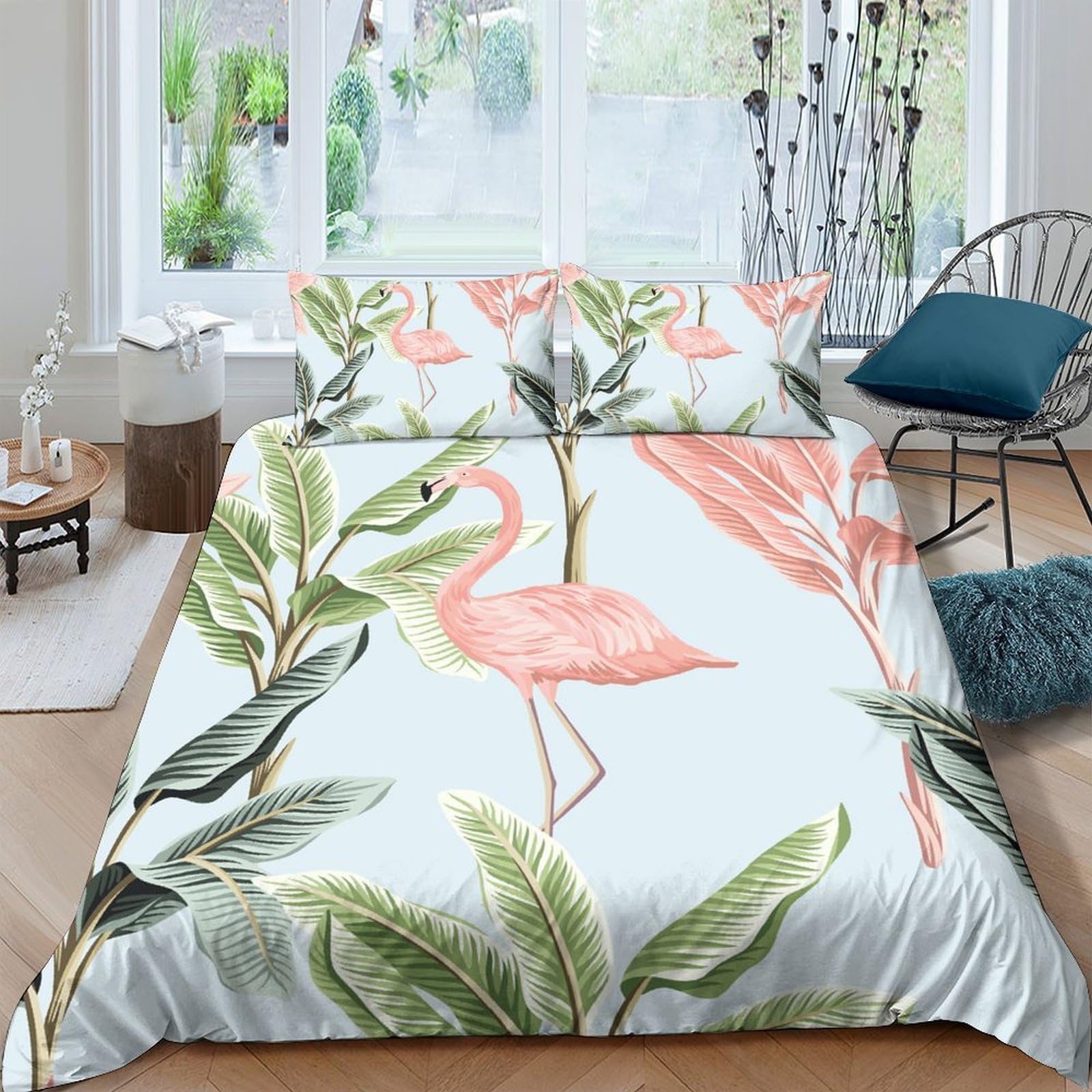 GPLZQXKJNH 3D Printed Pink Flamingo Duvet Cover Microfiber Soft Breathable Tropical Leaf Bedding Set with 2 Pillowcases for Bedroom Decor Single（135x200cm）