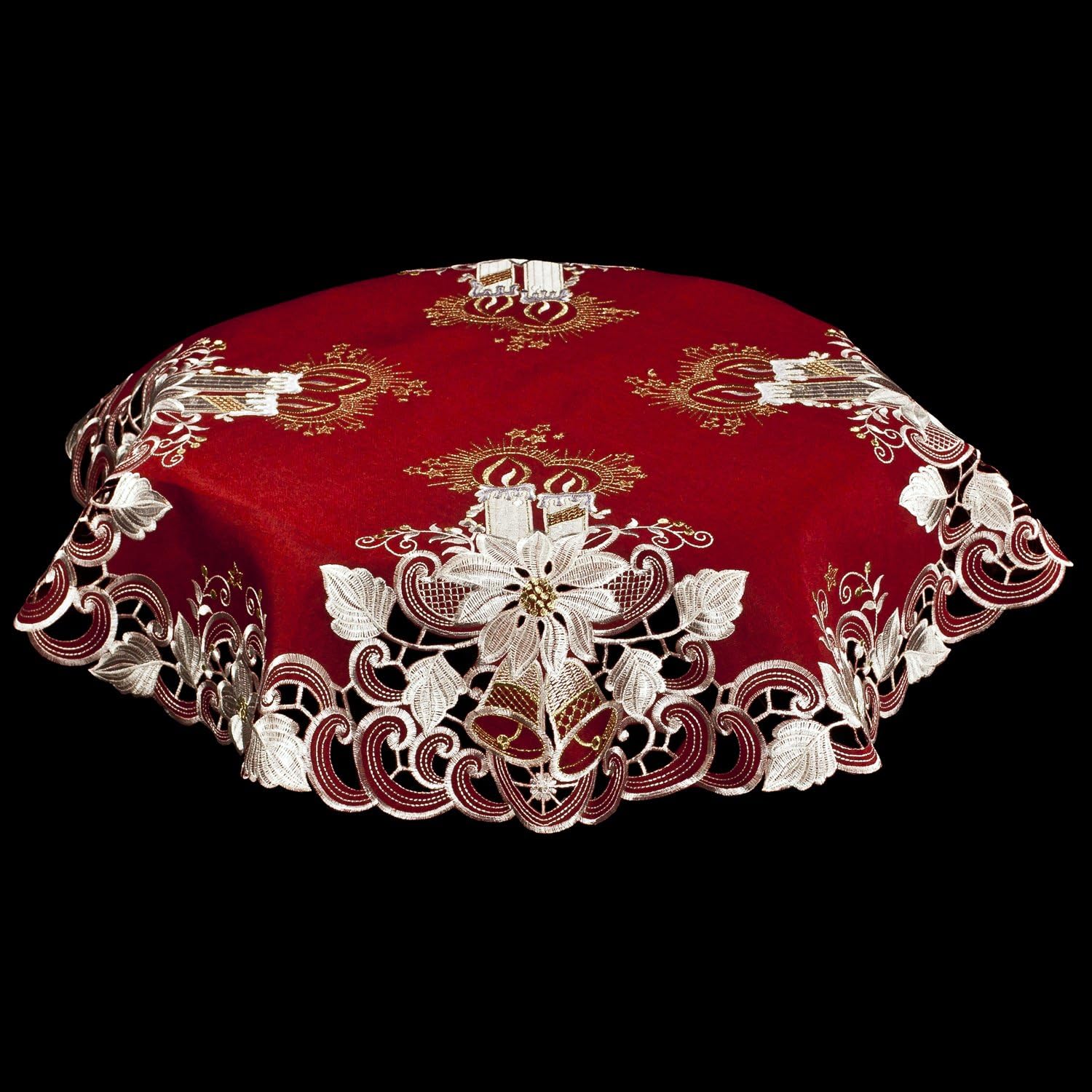 Lovely Christmas Candles Bells and Poinsettia Table Topper, Small Tablecloth, Large Doily (34 Inch Round)
