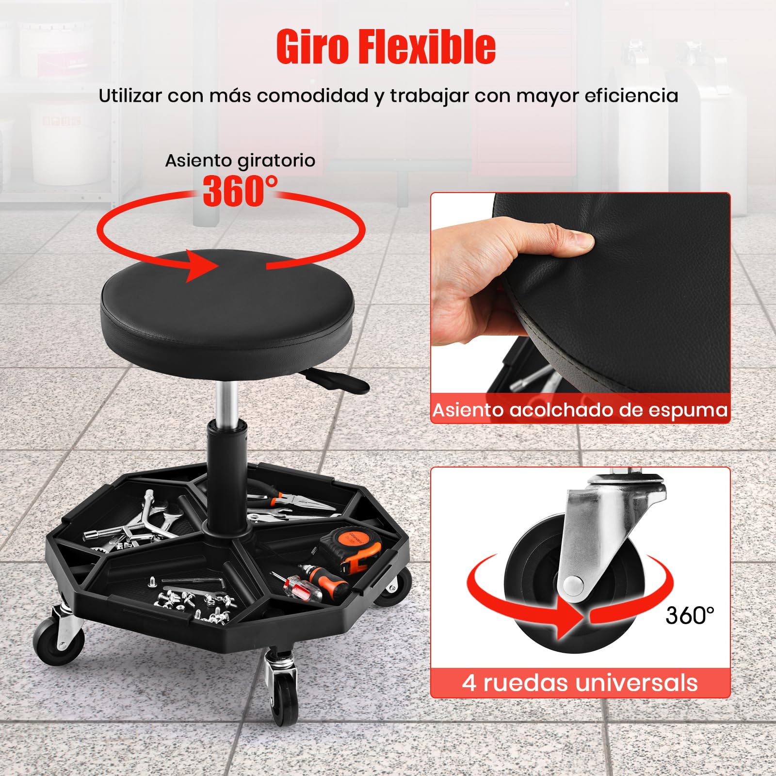 GYMAX Taburete de Montaje Móvil Robusto, Taburete de Taller Ajustable, Asiento Neumático Mecánico con Bandeja para Herramientas y Cojín Acolchado, Asiento Giratorio para Garaje (Negro)