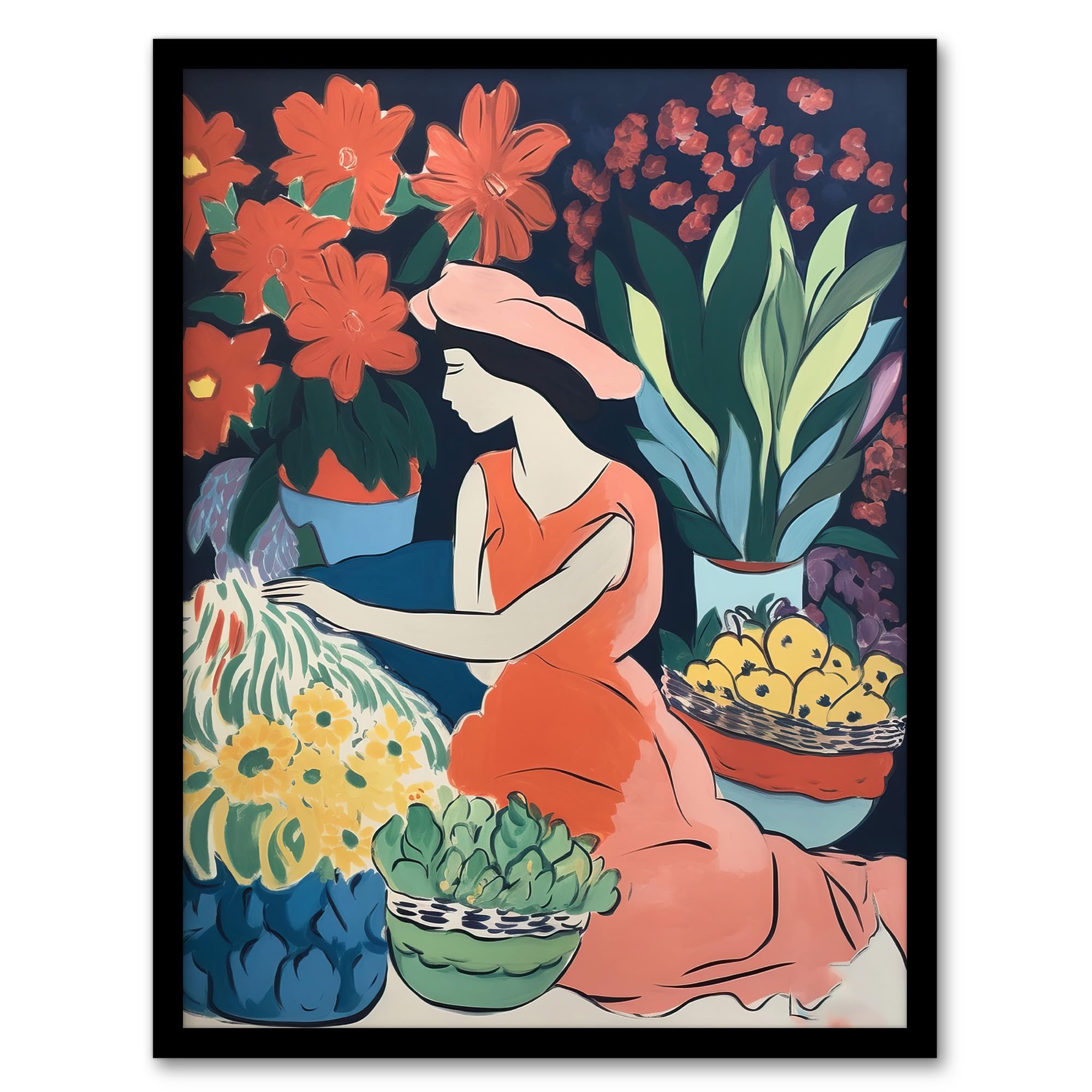 Artery8 The Market By Sylvia Day Girl Sitting Danish Pastel Aesthetic Floral Matisse Style Flowers Dutch Artwork Framed Wall Art Print A4