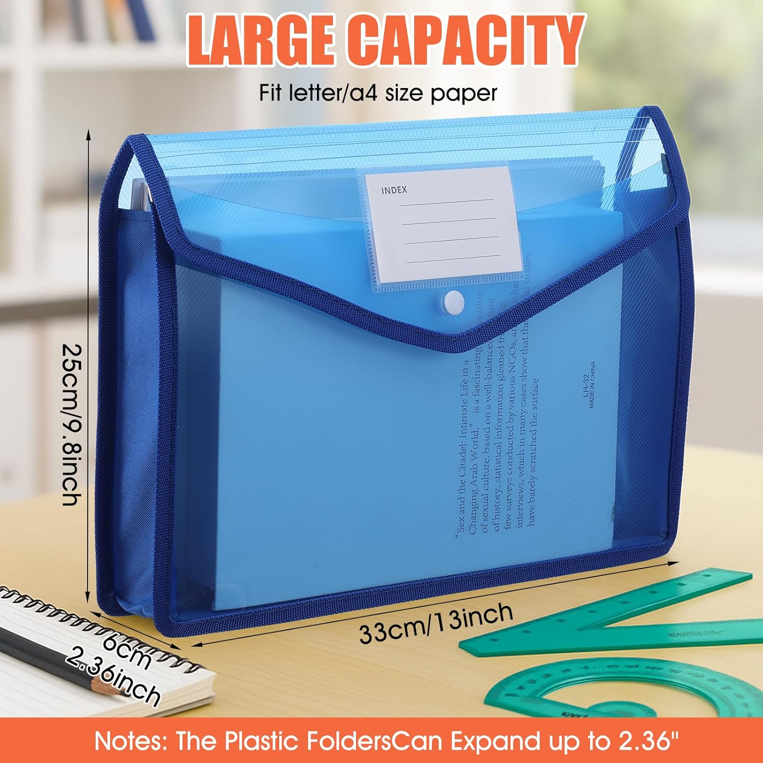 10 Pack Plastic Expanding File Folder, Folders for Documents with Snap Closure, Colorful File Folder Organizer, Transparent Accordion File Organizer, Large Capacity, Fit Letter/A4 Size, 9 Color