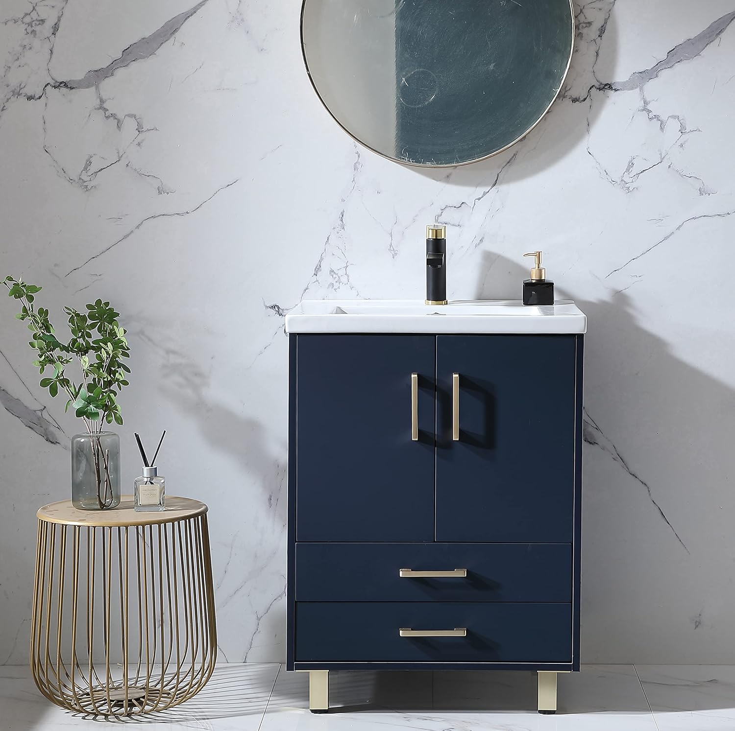 24 inch Blue Vanity with Sink, Wood Standing Bathroom Vanity Set with Ceramic Vessel Sink, 2 Doors, 2 Drawer