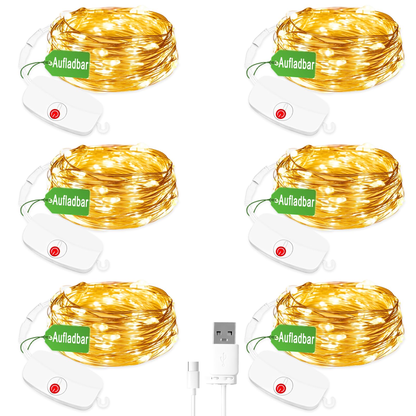 6 Stück Mini Lichterkette aufladbar, 8 Modusmit Timing,3M 30LED Akkulaufzeit 60Std,Timer-Modus kann es bis zu etwa 8 Tage halten,Abnehmbares Batteriefach,für Weihnachten, Hochzeit, Party Deko Warmweiß