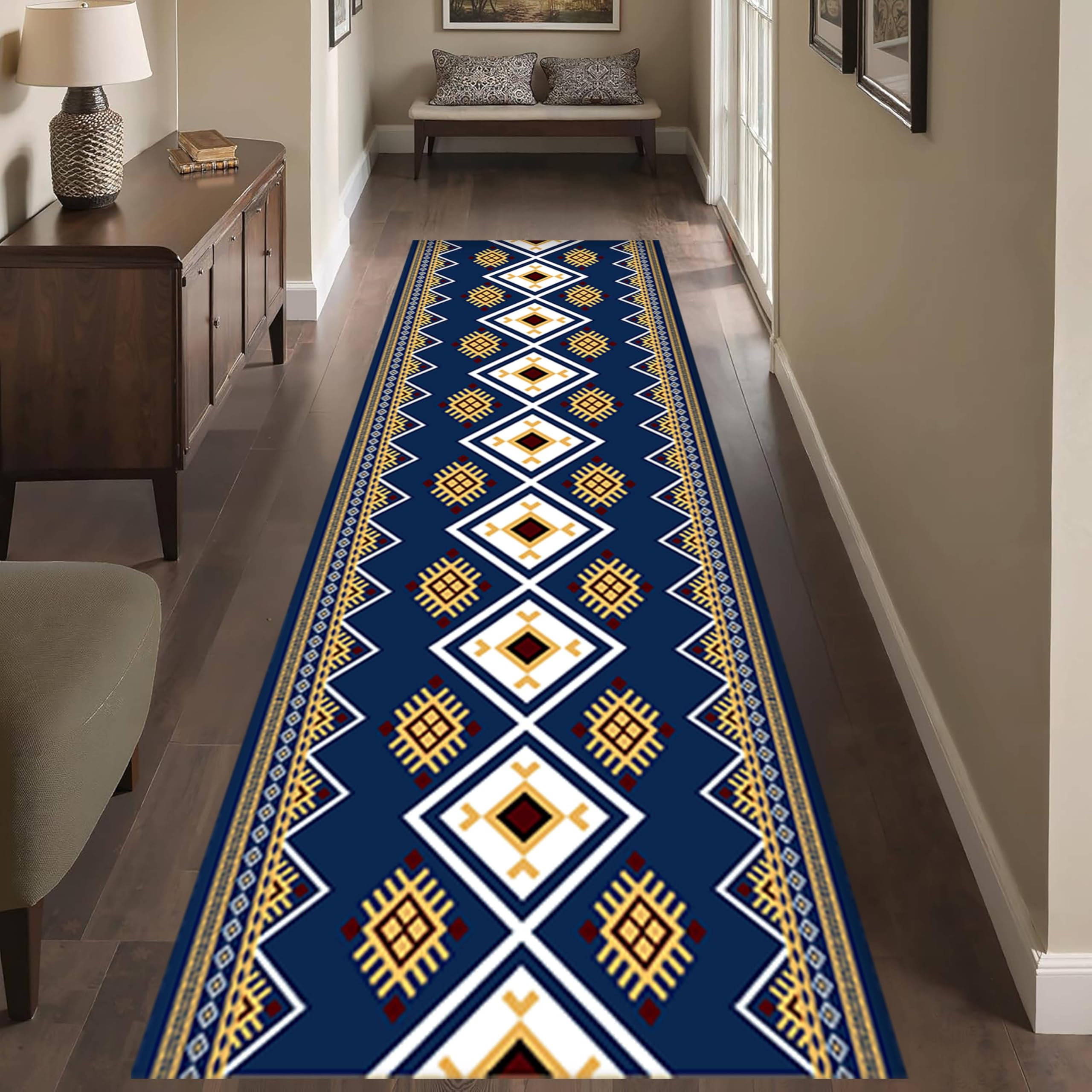 Puyosvr South West Native American Area Rug, 2x7ft, Aztec Mexican Geometric Design African American Vintage Runner Rug, Non Slip Machine Washable Rugs