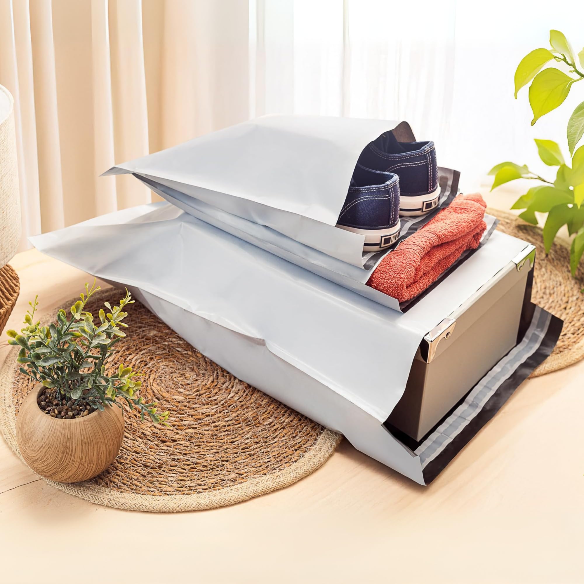 MAGIC SELECT 100 Enveloppes Plastiques 45x60 cm. Sacs d’Envoi Blanches Opaques Autocollantes, Emballage Imperméable et Résistant pour Vêtements, Livres, Chaussures et Colis