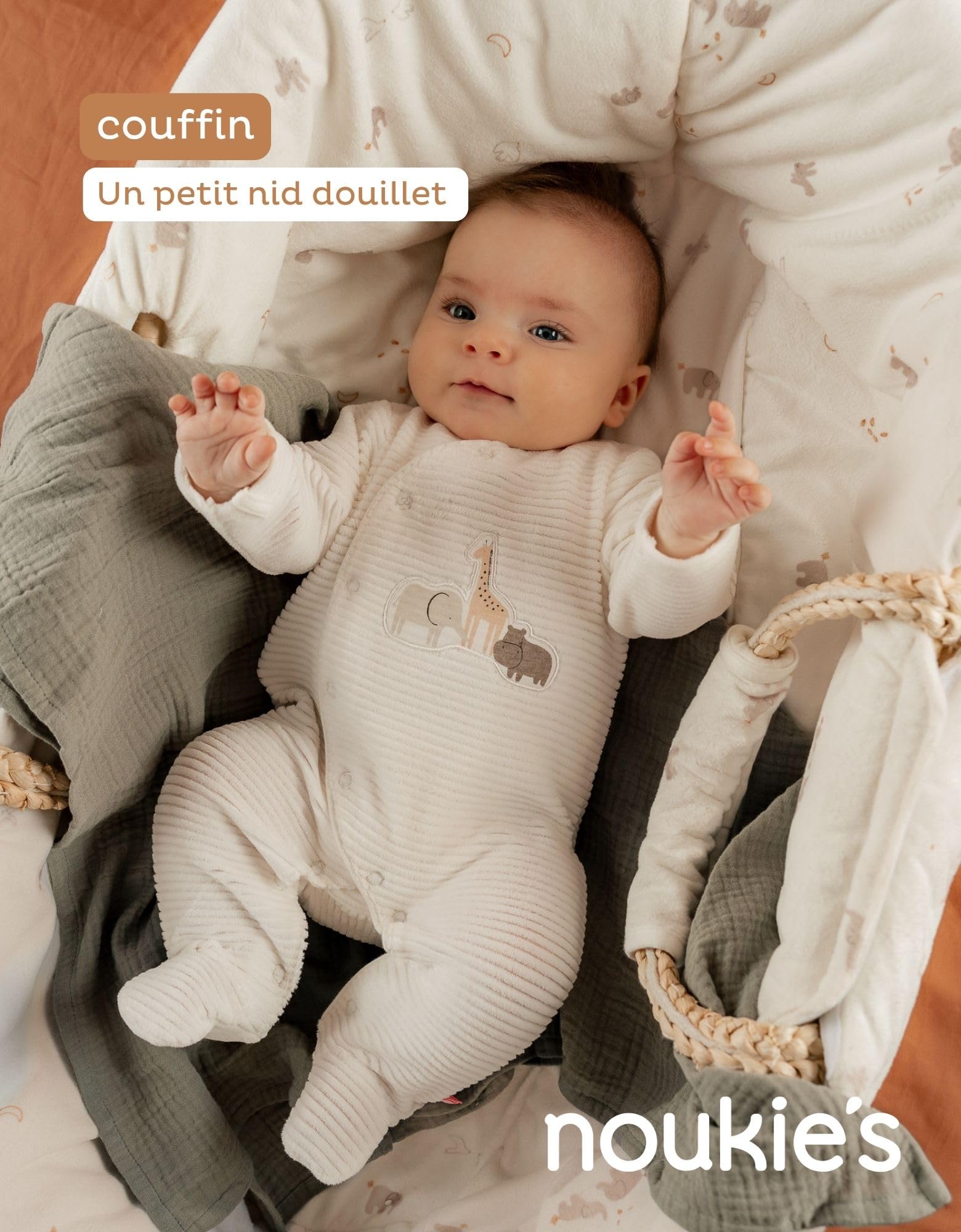 NOUKIE'S - Couffin pour bébé avec Habillage - Ecru - Veloudoux - Bali, Moka & Snow