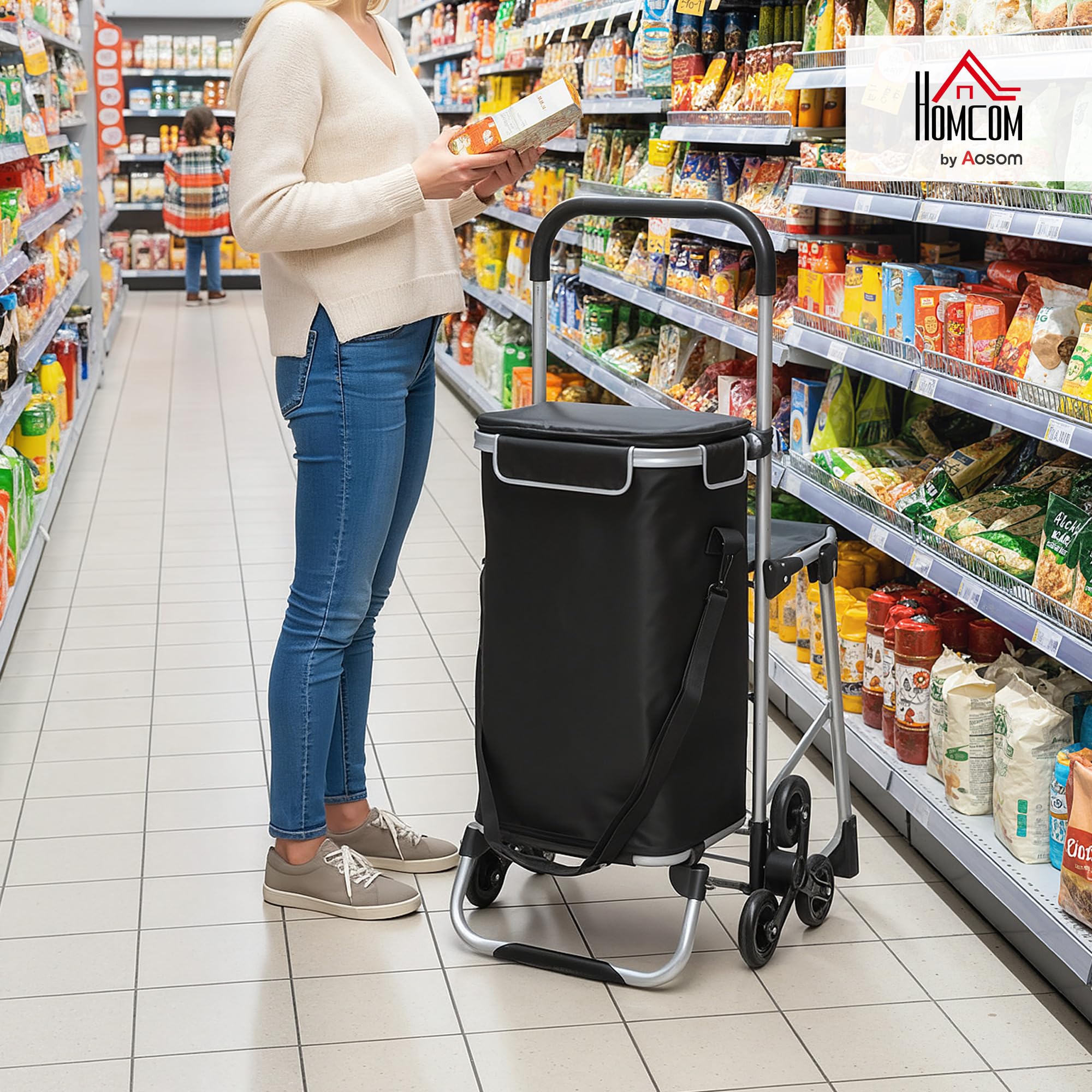 HOMCOM 3-in-1 Einkaufstrolley klappbar mit 40L Kapazität, klappbar Sitz, Trolley bis 25kg belastbar Einkaufswagen Sackkarre Umhängetasche Treppensteiger Schwarz