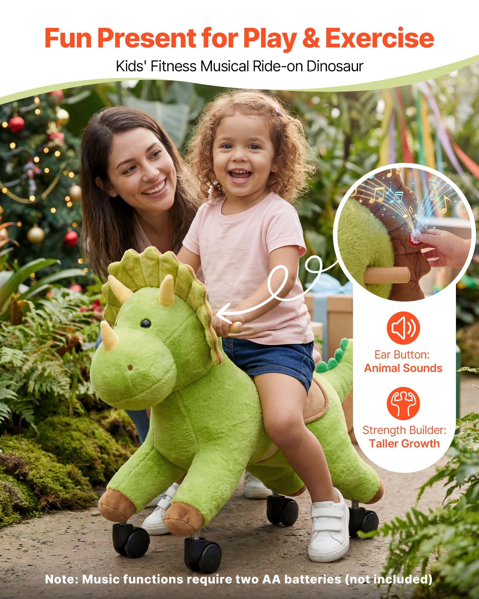 VEVOR Reitpferd auf Rollen 55cm, 40kg Belastbare Stehpferd mit Soundfunktion, Spielpferd mit Weichem Sitz Griffen & 360° Lenkrollen, Grüner Dinosaurier zum Draufsitzen & Reiten für Kinder ab 3 Jahren