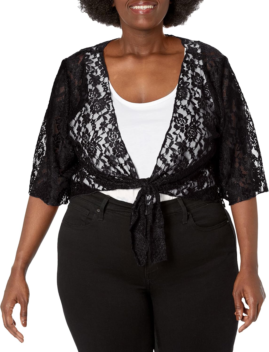 Star Vixen Women's Plus-Size 3/4 Sleeve Lace Tiefront Shrug Sweater