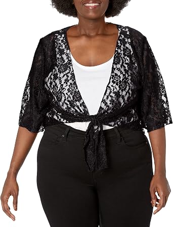 Star Vixen Womens Plus-Size 3/4 Sleeve Lace Tiefront Shrug Sweater
