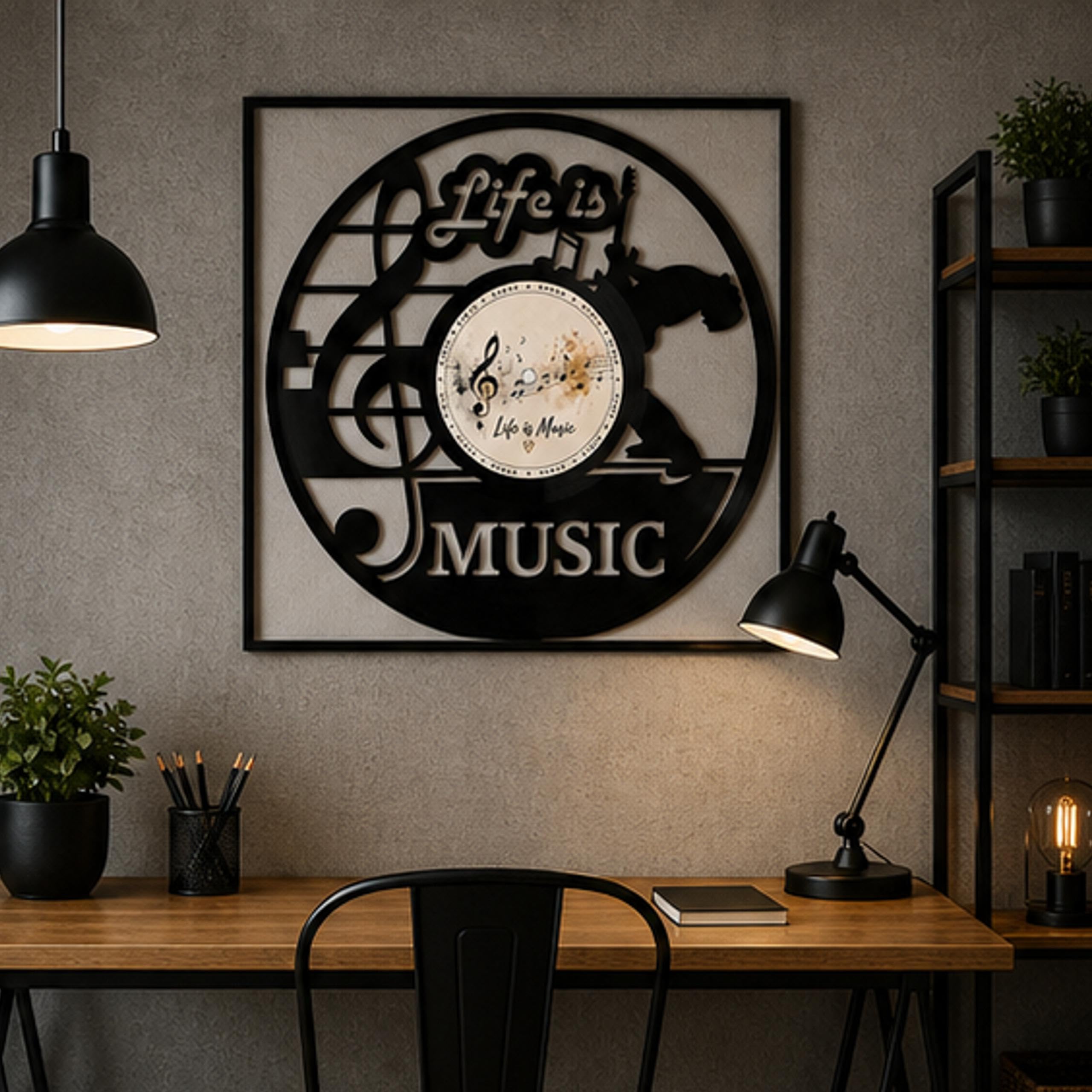 EVEVO Decorazione da parete in vinile con cornice, 32 x 32 cm, Life is Music, decorazione da parete in vinile, regalo per musicisti, amanti della musica e audiofili
