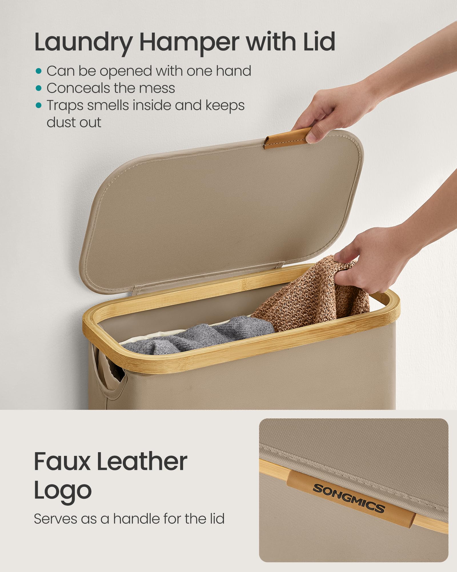 SONGMICS Laundry Basket with Lid, Slim Laundry Hamper, 65 L, Space-Saving, Removable Mesh Liner, Oxford Fabric - Image 4