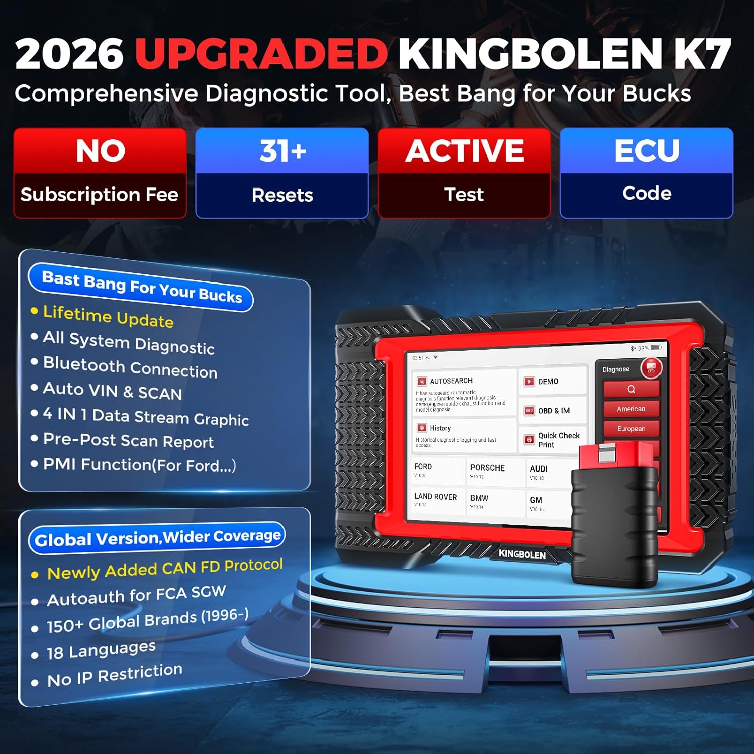 KINGBOLEN K7 Bidirectional Scan Tool 2026 OBD2 Scanner Bluetooth with Lifetime Updates, No Annual Fees, 31+ Resets, Component Matching, All System Diagnostic, CAN FD, FCA AutoAuth, Crankshaft Relearn