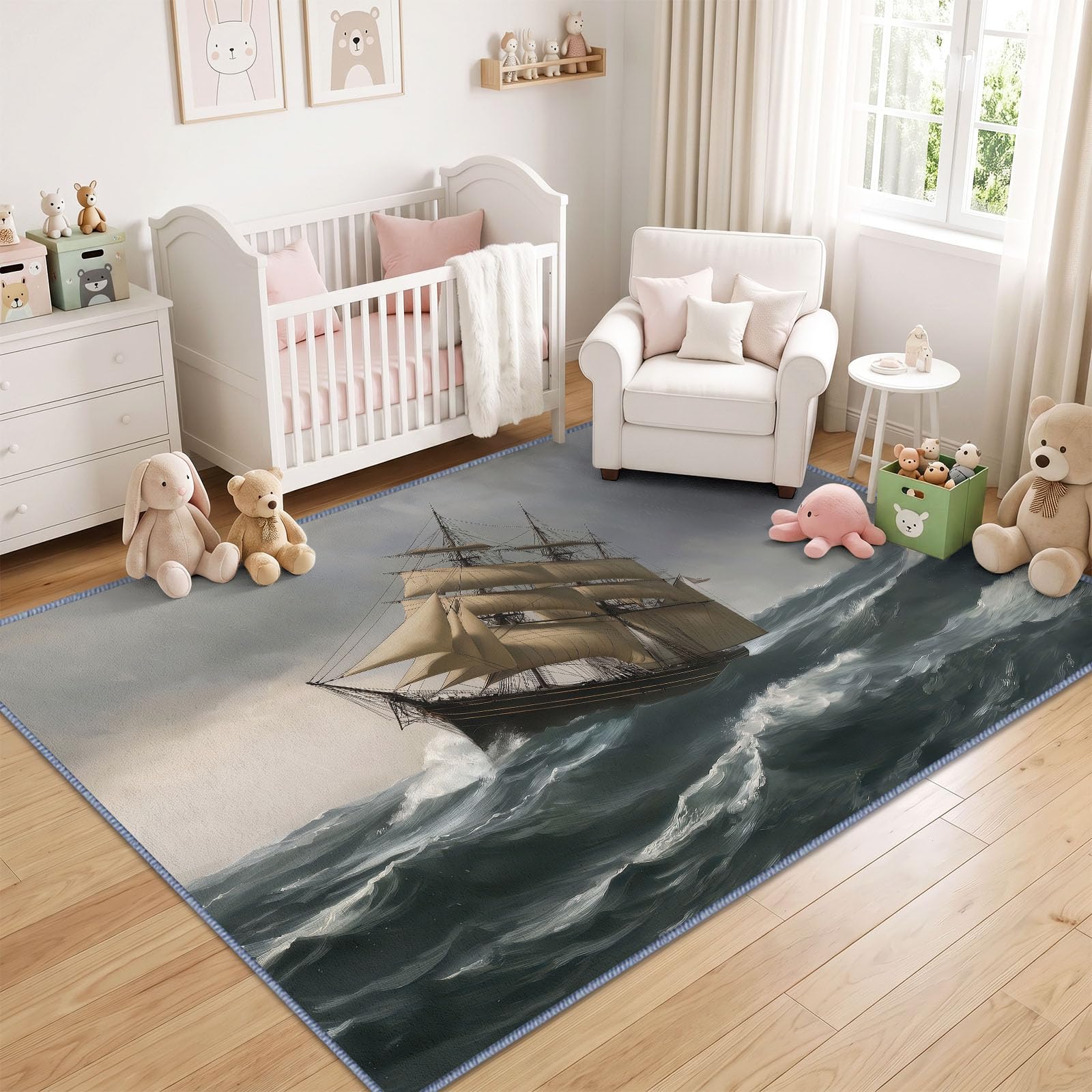 Dywan do salonu, ze statkiem pirackim z motywem morskim, 140 x 200 cm, do sypialni, żaglówki, fal morskich, chłopców, do sypialni, miękki, krótki, można prać w pralce, nie gubi włosia