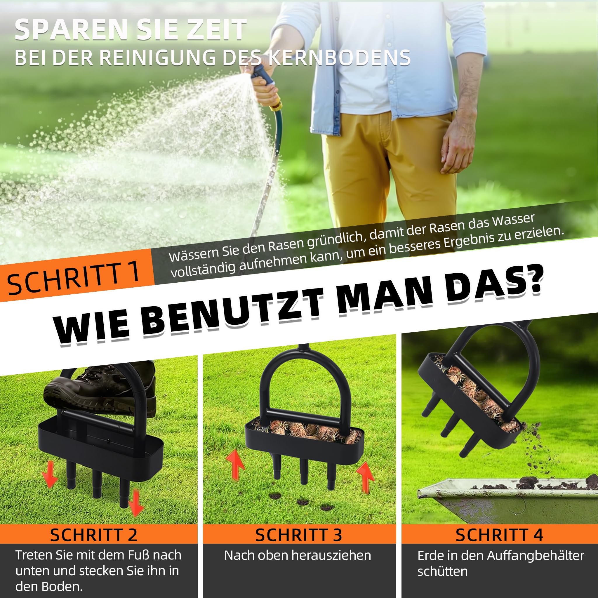 GREELUE Rasenlüfter Aerifizierer für Rasen, 3 Hohlzinken Rasenbelüfter Rasenspecht, Hohlspoon Rasen Lüften Gerät - Für Rasen Aerifizieren & Verdichtete Böden (Schwarz-A)