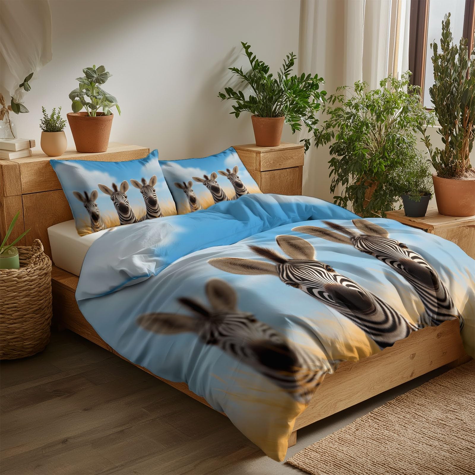 Generisch Niebieska pościel z kreskówki, zebra, poszewka na kołdrę z nadrukiem, 220 x 240 cm, łatwa w pielęgnacji, 3-częściowa, szczotkowana mikrofibra, zamek błyskawiczny na wszystkie pory roku