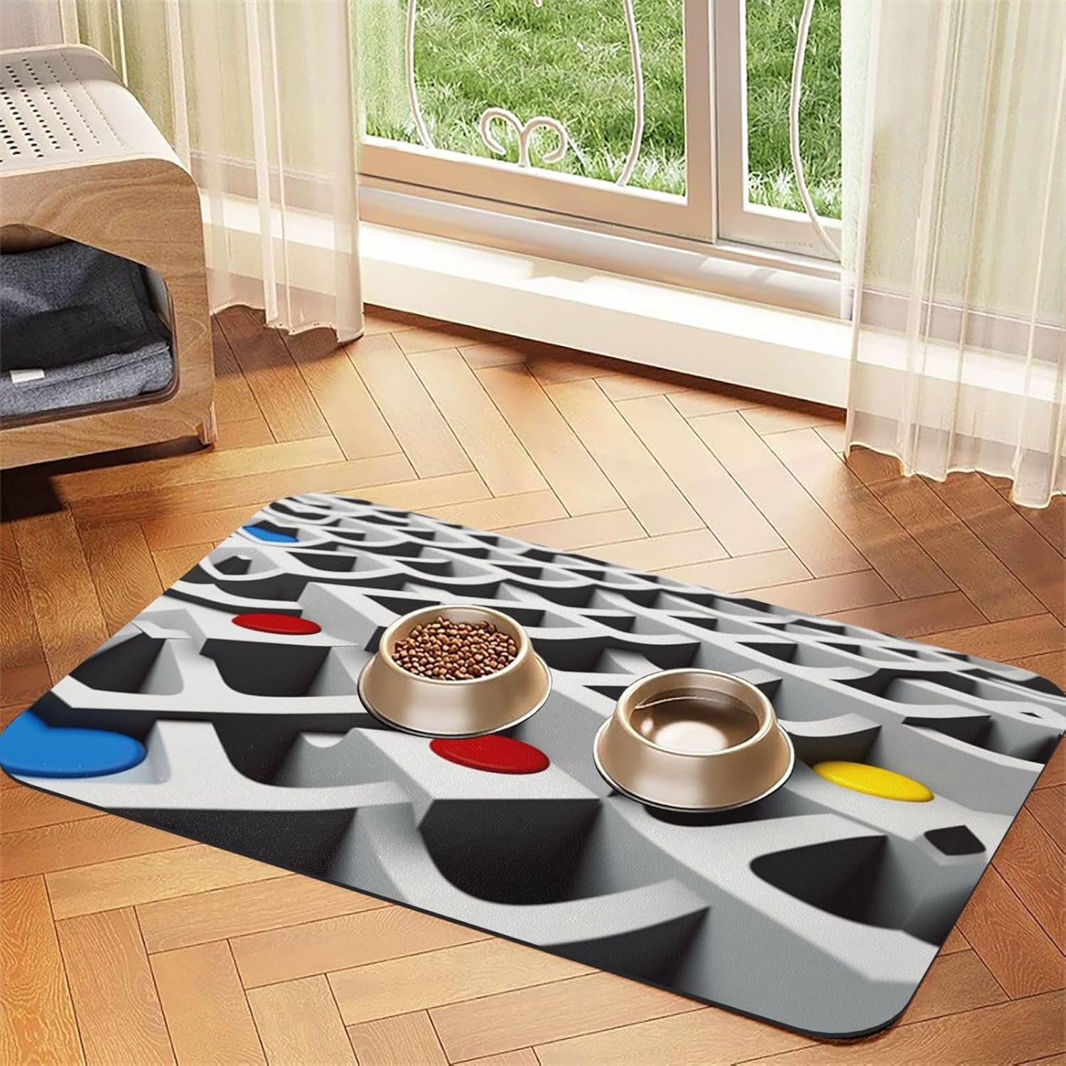 Maze Pet Feeding Mat Dog Cat Eating Food Absorbent Leather Tablecloth for and Water Bowl Waterproof No Stains Quick Dry Non-Slip 23.62 * 15.75IN