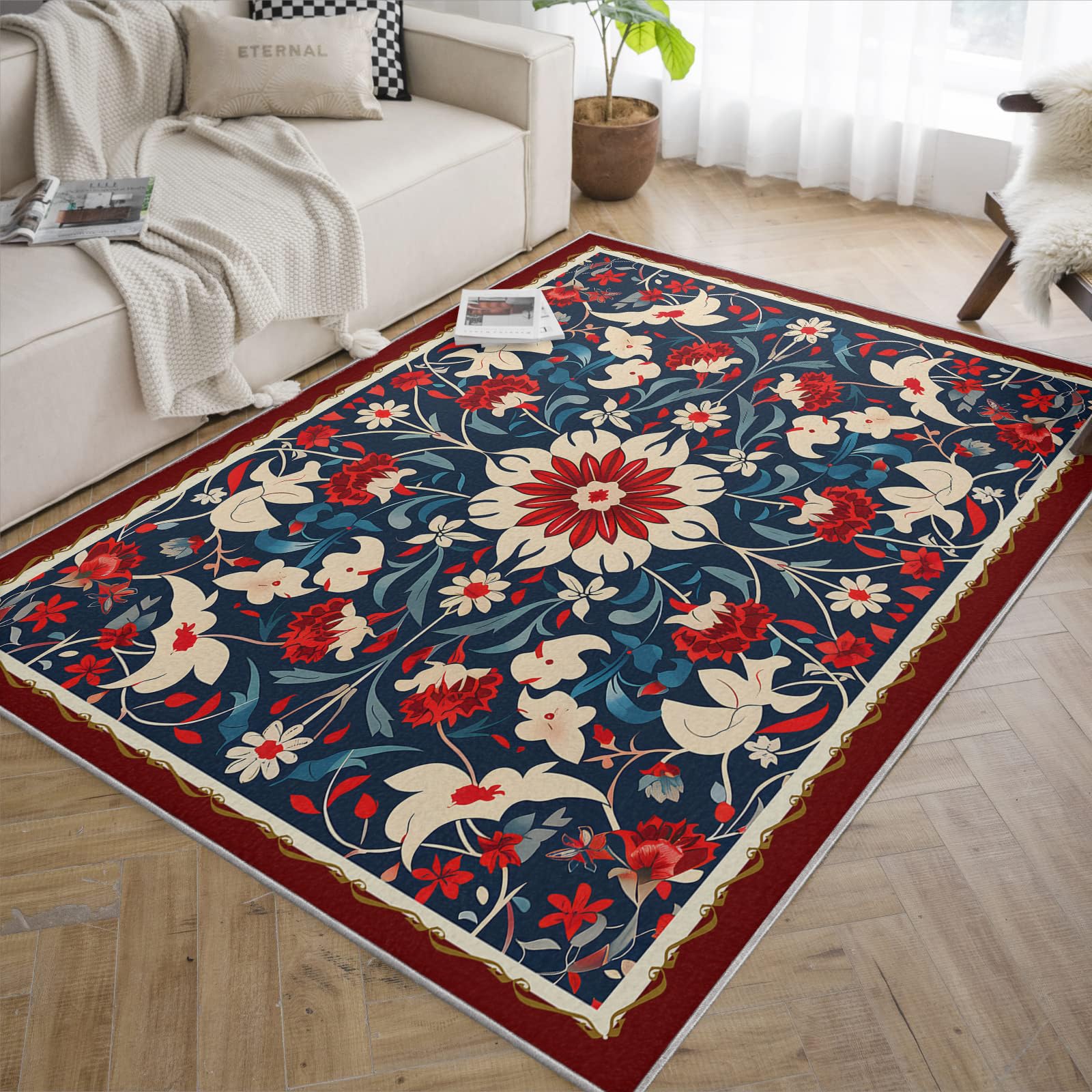 Tapis rétro de Salon Tapis Grands Doux lavables Fleurs Style bohème intérieur résistant Taches Moquette pour Chambre sous Table Cuisine décoration Bureau 180x240cm