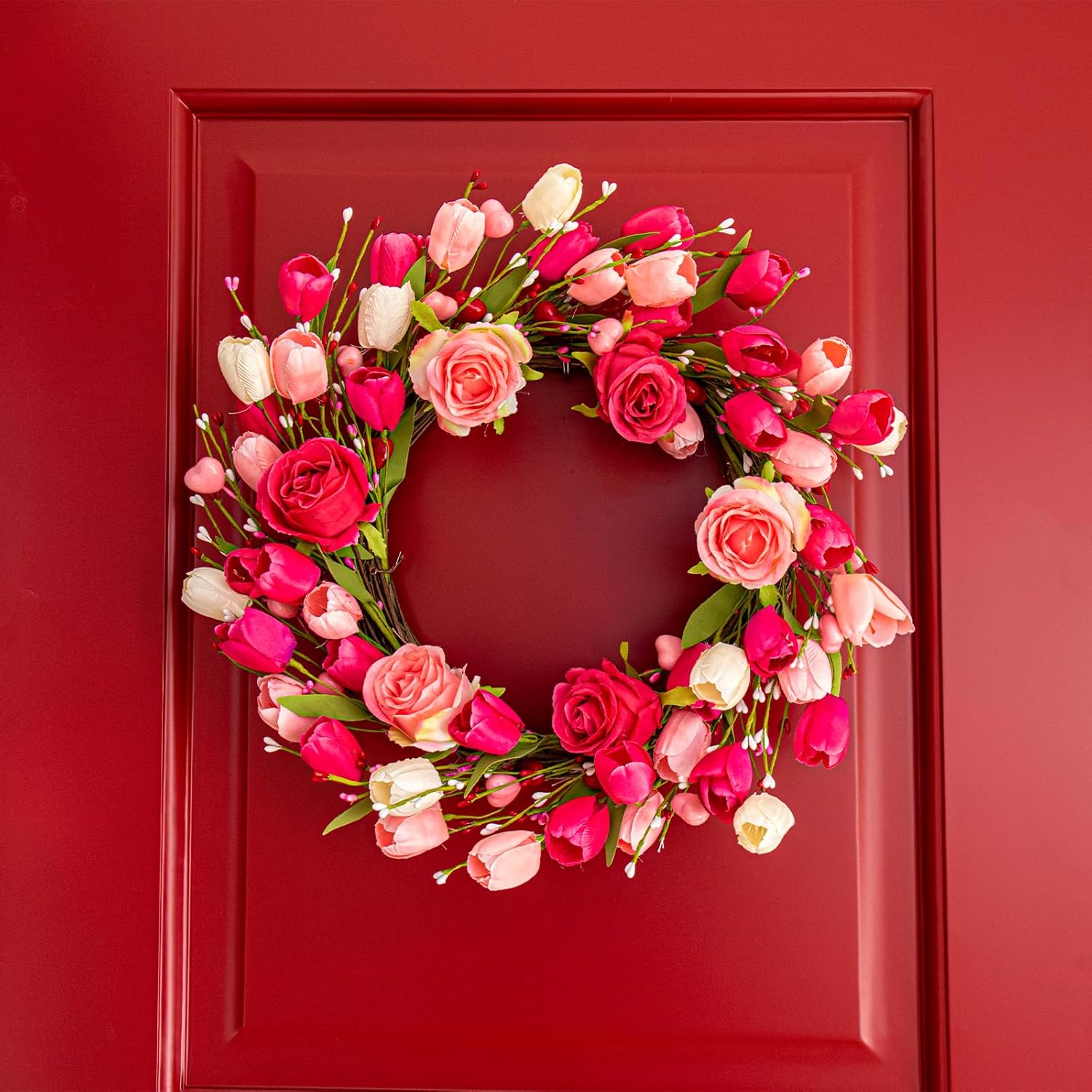 Artifical Valentine's Day Wreath 20 Inches Valentines Wreaths for Front Door Valentines Door Wreath Valentines Floral Wreaths with Rose Tulips Flowers for Wall Window Porch Home Wedding Party