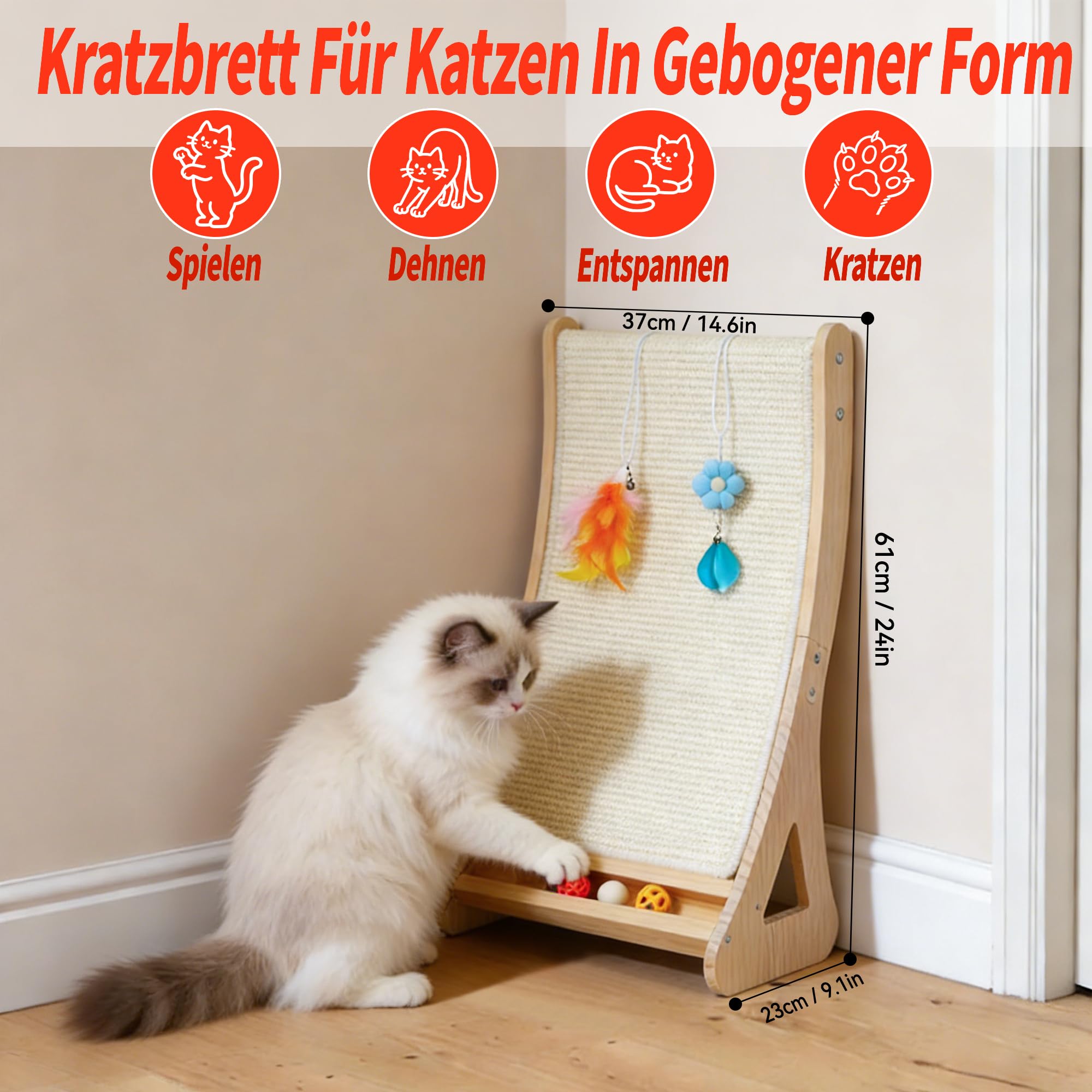 Rascador para gatos de doble uso, cartón rascador para gatos, grande, 63 cm, curvado, muebles para gatos, 100 % sisal natural, para sofá y protección de pared, con cascabeles, juguete de