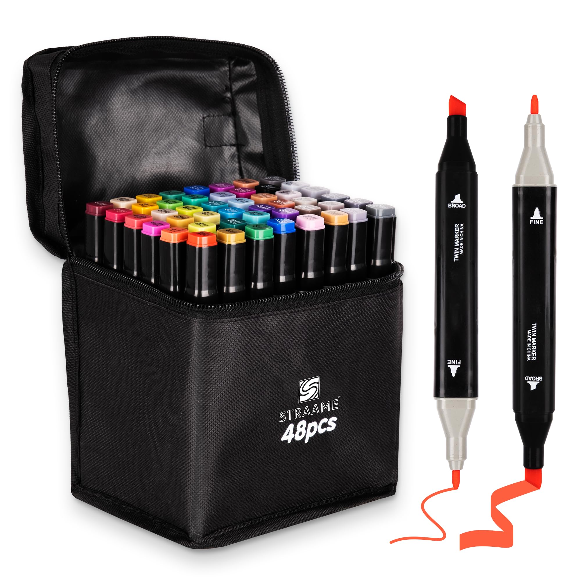 Straame Alcohol Markers – 48 Dual-Tip Pens, Fine (1mm) & Chisel (6mm) Nibs, Double-Ended Art Pens for Drawing, Sketching, Manga & Anime, With Durable Carry Case (Paint Markers - 48 pcs)