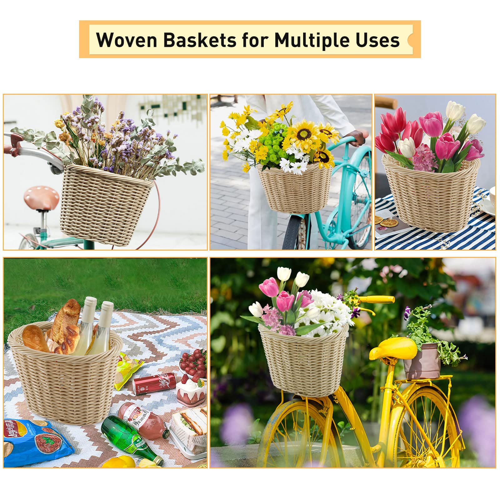 ZUKKA Woven Bike Basket for Adult and Kids Handlebar Bike Waterproof Storage Bicycle Basket, Multi-Colors