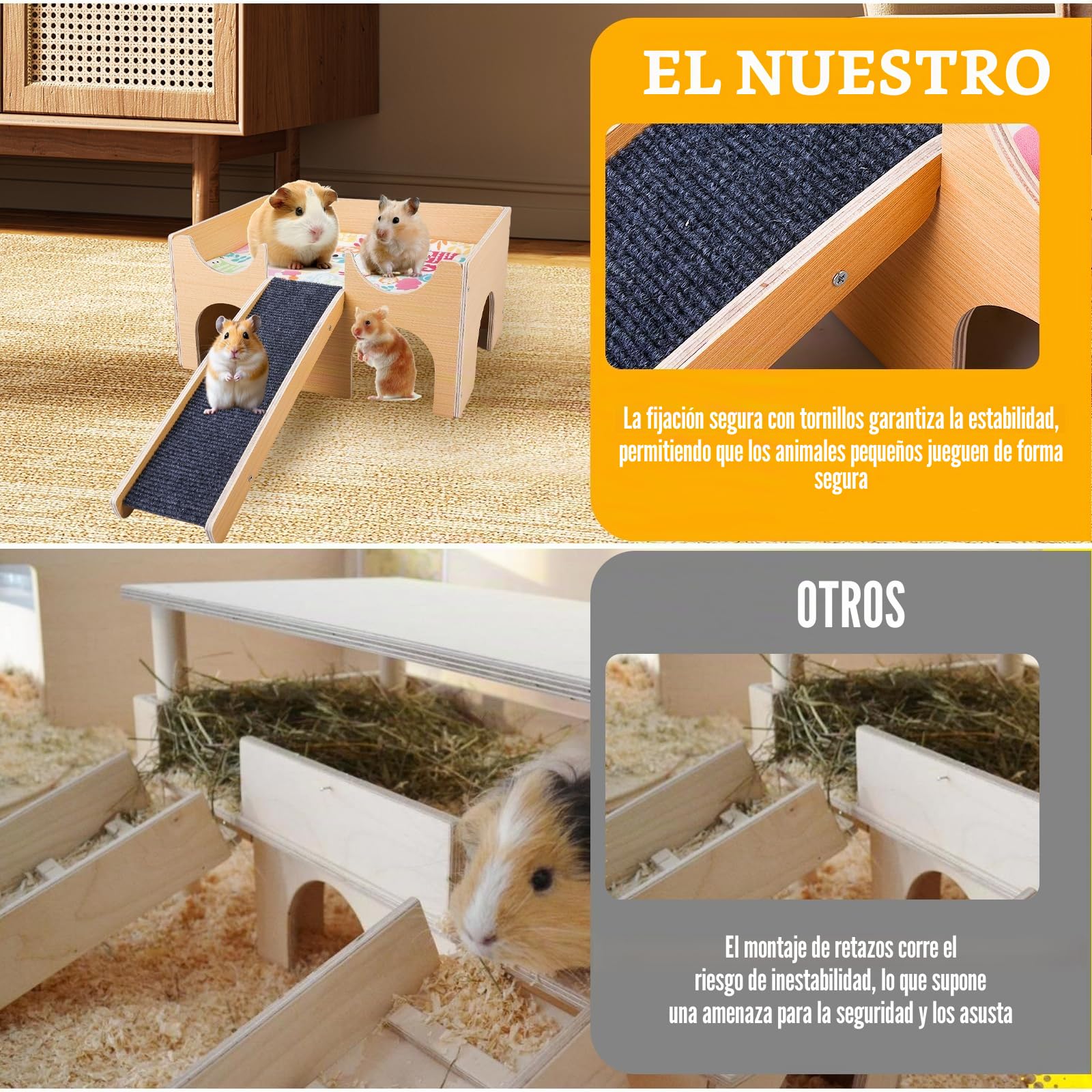 Casa para Cobayas de Madera Maciza con Rampa y 3 Entradas: 38 x 24 x 18 cm, para Conejos Natural, Accesorios para Cobayas, Ratas, Hámsteres y Animales Pequeños