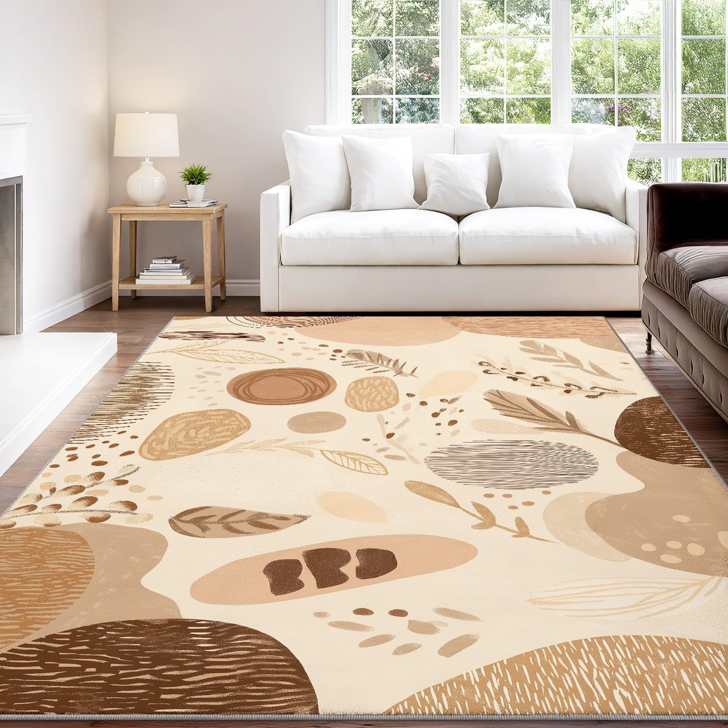 Minimalistyczny miękki naturalny nordycki abstrakcyjny nadruk kropki liście można prać w pralce miękki w dotyku 140 x 200 cm trwały dywan do salonu biura beżowy brązowy mata antypoślizgowa