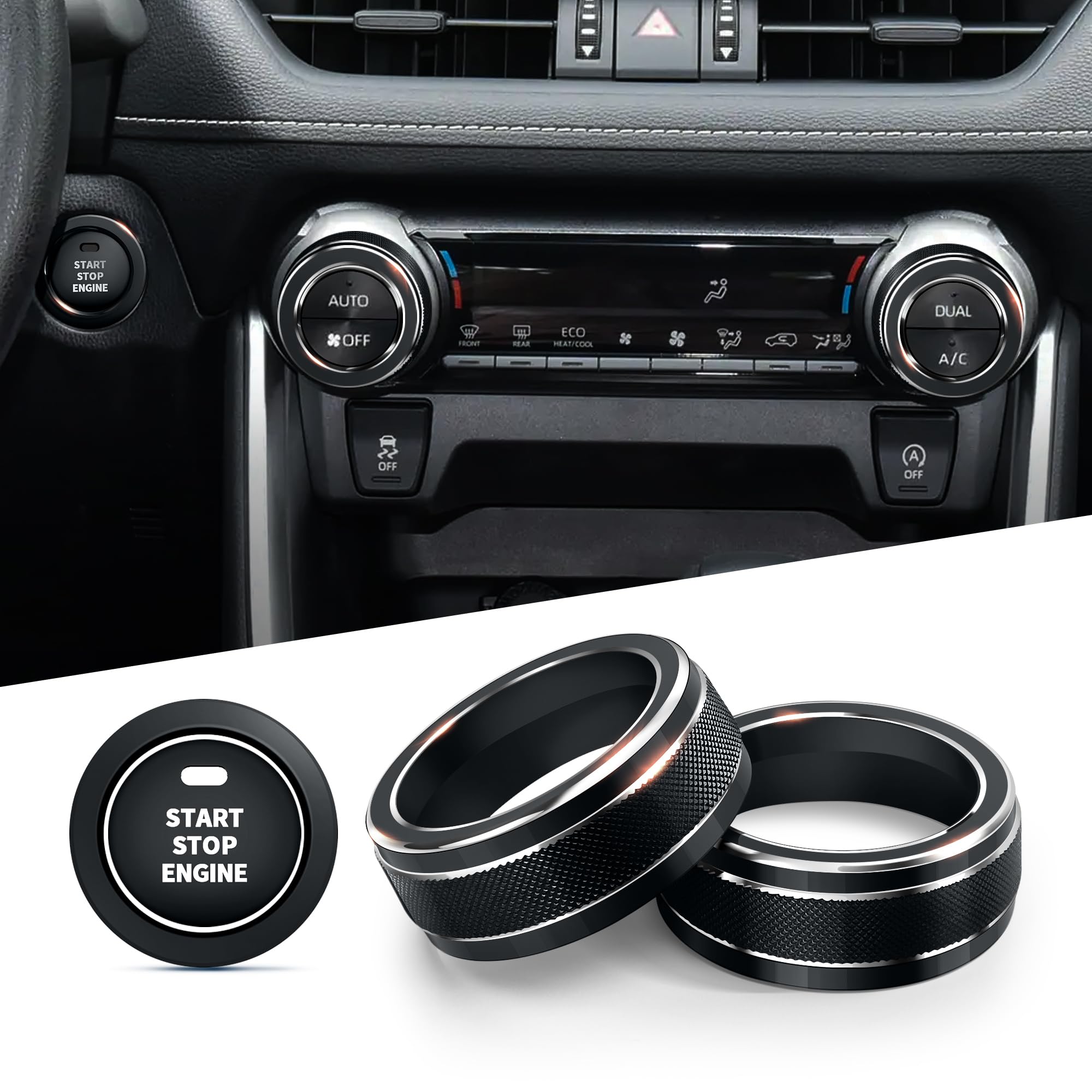 Polodunn for Toyota RAV4 Accessories 2025 2024 2023 2022 2021 2020 2019 -Air Conditioning Knob Covers, Push Start Button Cover Trim Rings 4pcs (Black)