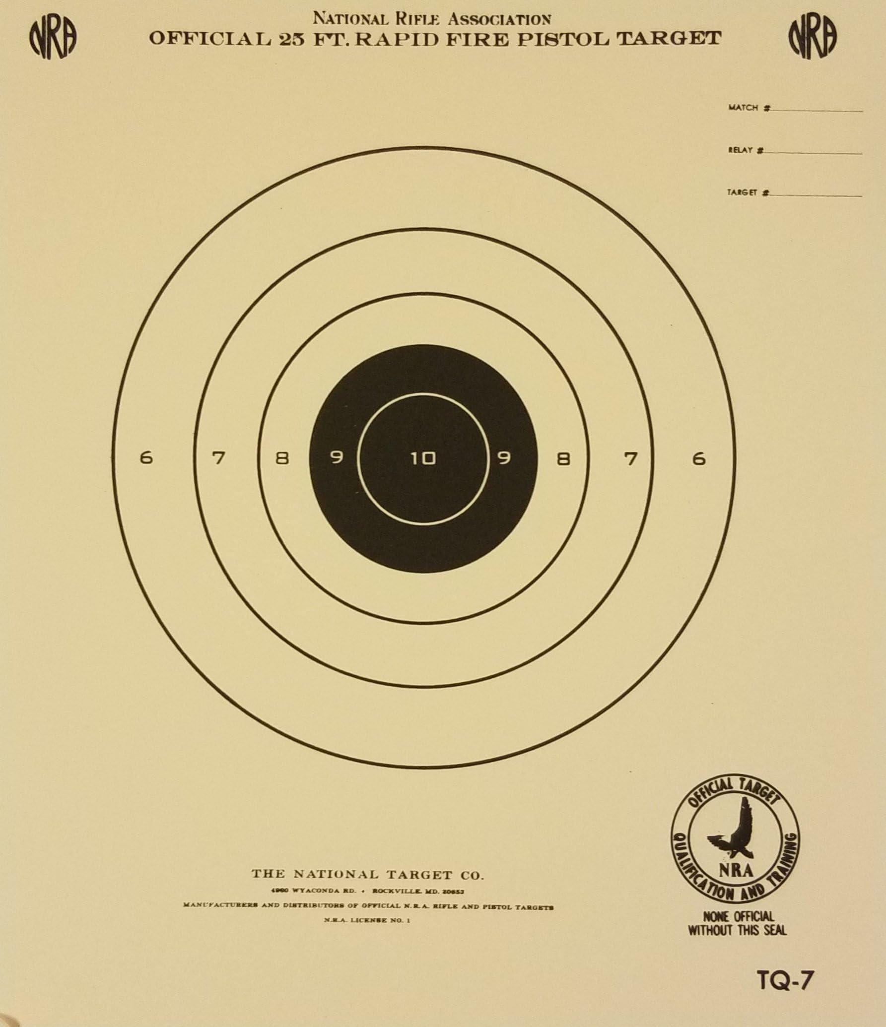 Official NRA Target, TQ-7, 25 Ft. Timed and Rapid Fire Pistol Target, Pack of 100