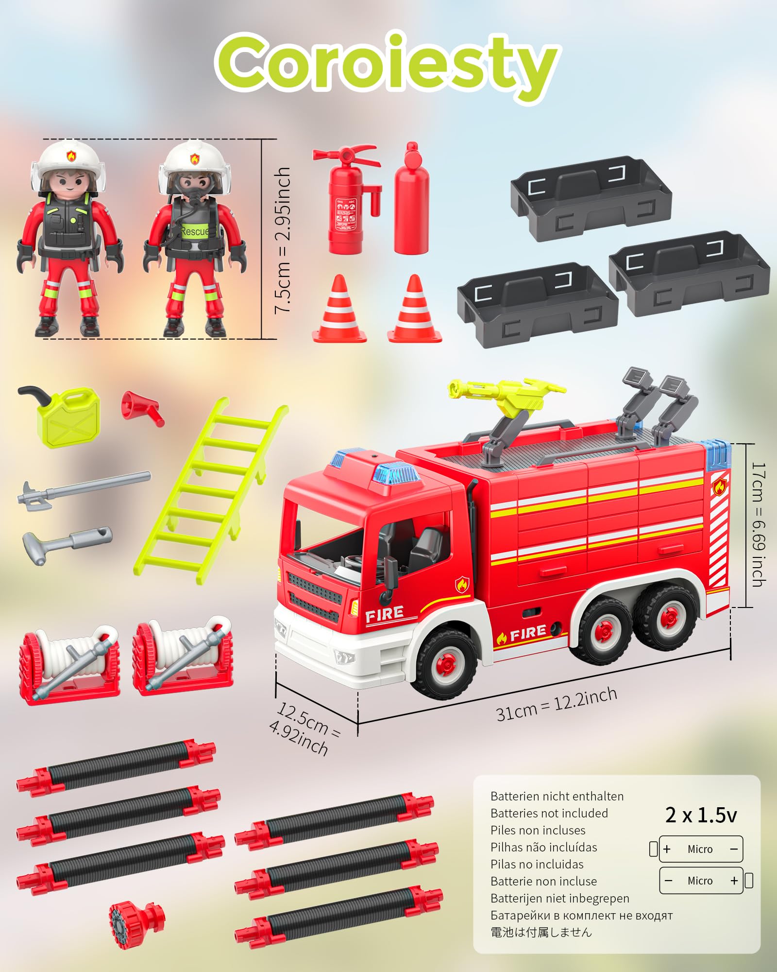 Coroiesty Camion Pompieri Giocattolo dai 4 Anni in Su, Grande Camion dei Pompieri con Modulo Light & Sound con 2 Pompieri e Attrezzi, Luci e Sirena, Veicolo di Soccorso per Bambini e Bambine