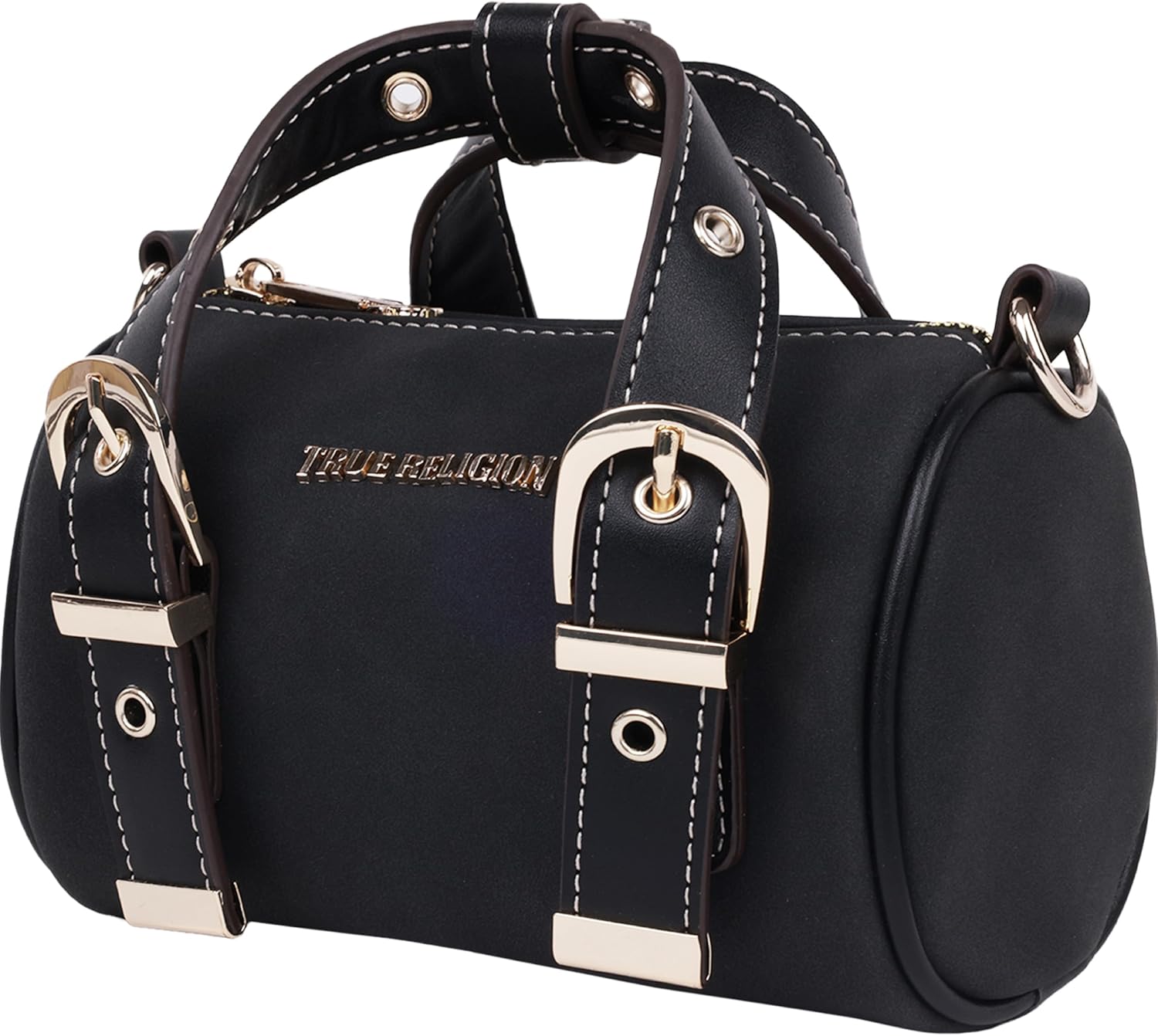 True Religion Metal Plaque Quilted Crossbody Bag, Quilted Shoulder Purse with Gold Logo and Adjustable Handbag