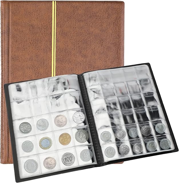 SAVITA 250 Pockets Coin Album 10 Pages Leather Coin Collection Book Penny Collecting Book for Coin Collectors (Brown)