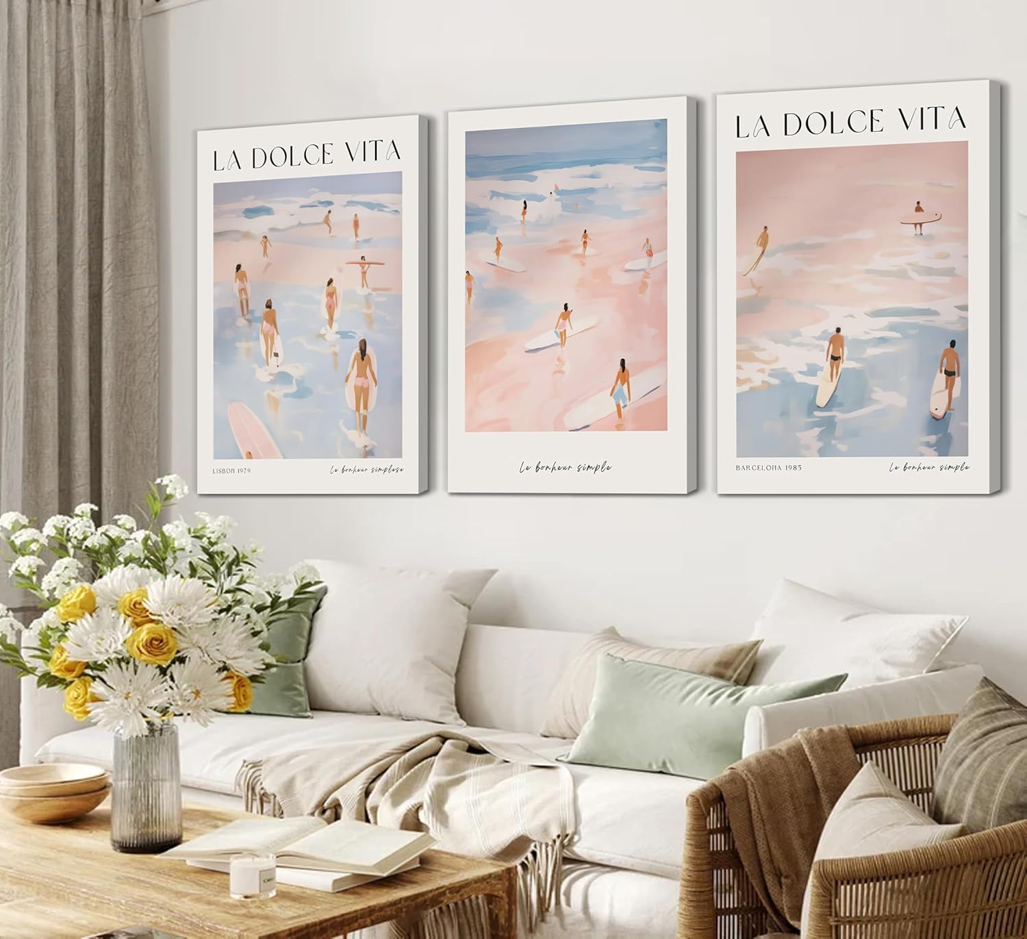 3Pcs Blue and Pink Coastal Canvas Wall Art Watercolor Preppy Surf Painting Picture Wall Decor La Dolce Vita Surfing Summer Beach Poster Print Artwork for Girl Dorm Livingroom Bedroom Home Decoration - Image 7