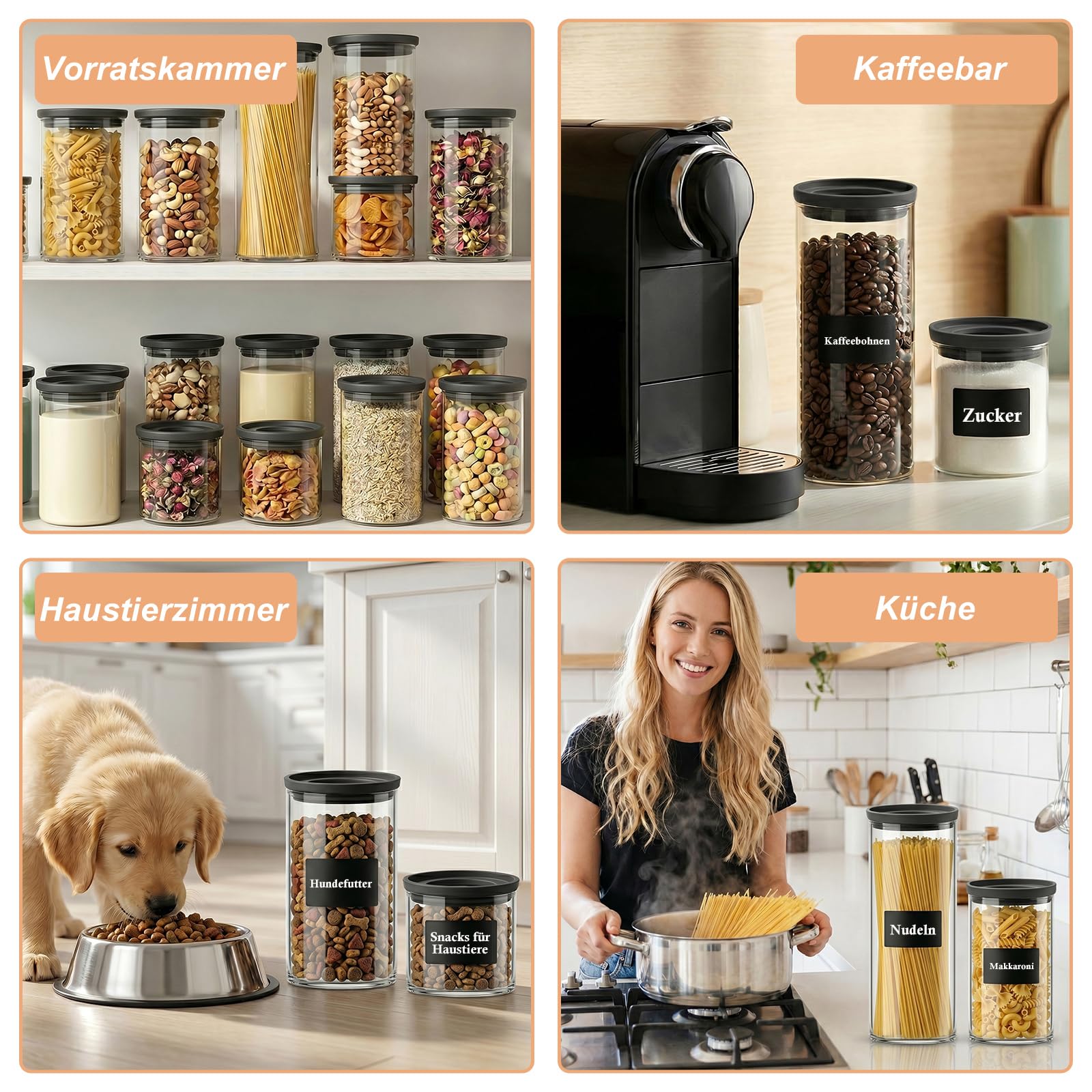 twoant Juego de 4 Redondos Tarros de Cristal Con Tapa Hermética transparente y apilable，1200ml Cocina Botes Almacenaje Ideales Para Guardar Especias, Pasta, Legumbres, Avena, Cereales, Etc