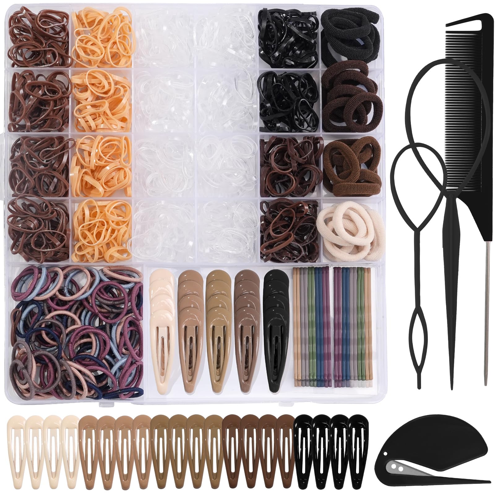 JOYOYO Girls Hair Accessories Set with Durable Storage Box 1000 Pcs Natural Colors - Elastic Hair Bands, Girls Snap Hair Clips and Bobby Pins, Pin Tail Comb Set