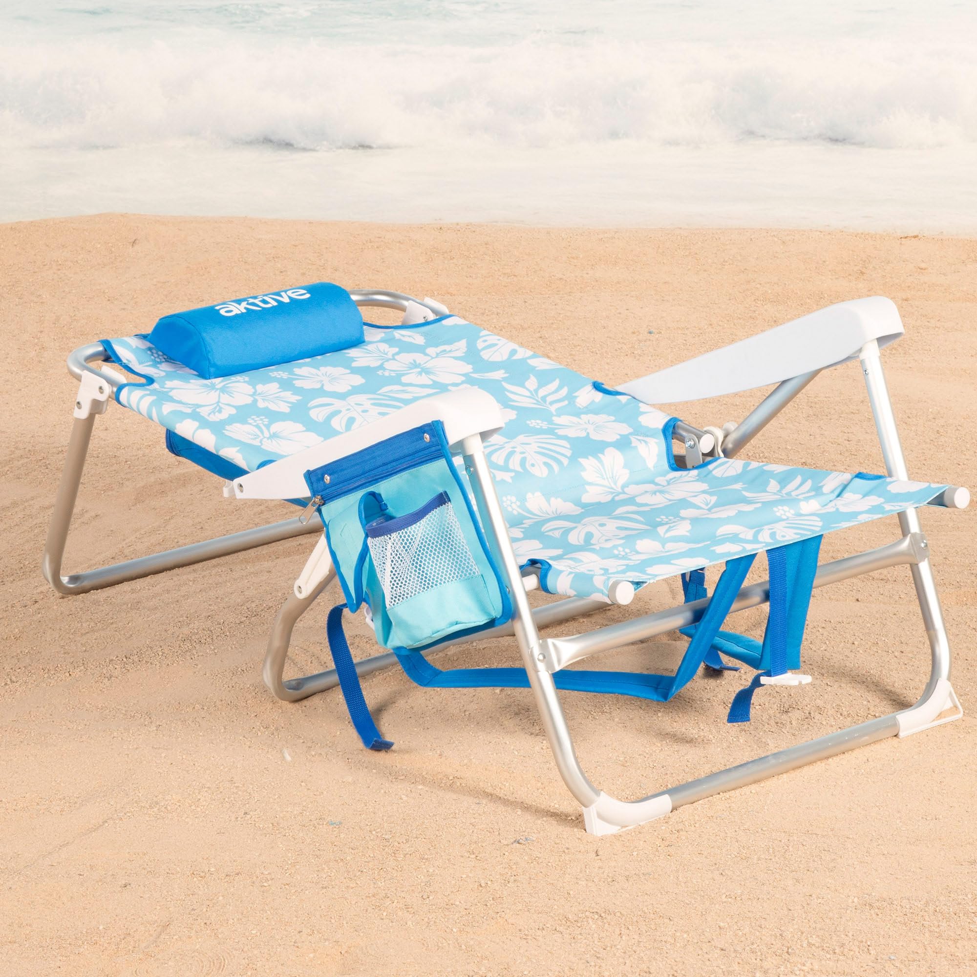 AKTIVE Silla de playa plegable, 50x54x80 cm, Mochila, Resistente hasta 110kg, Silla multiposición, Con bolsillos, Con reposacabezas, Convertible en tumbona, Asas transporte (62511)