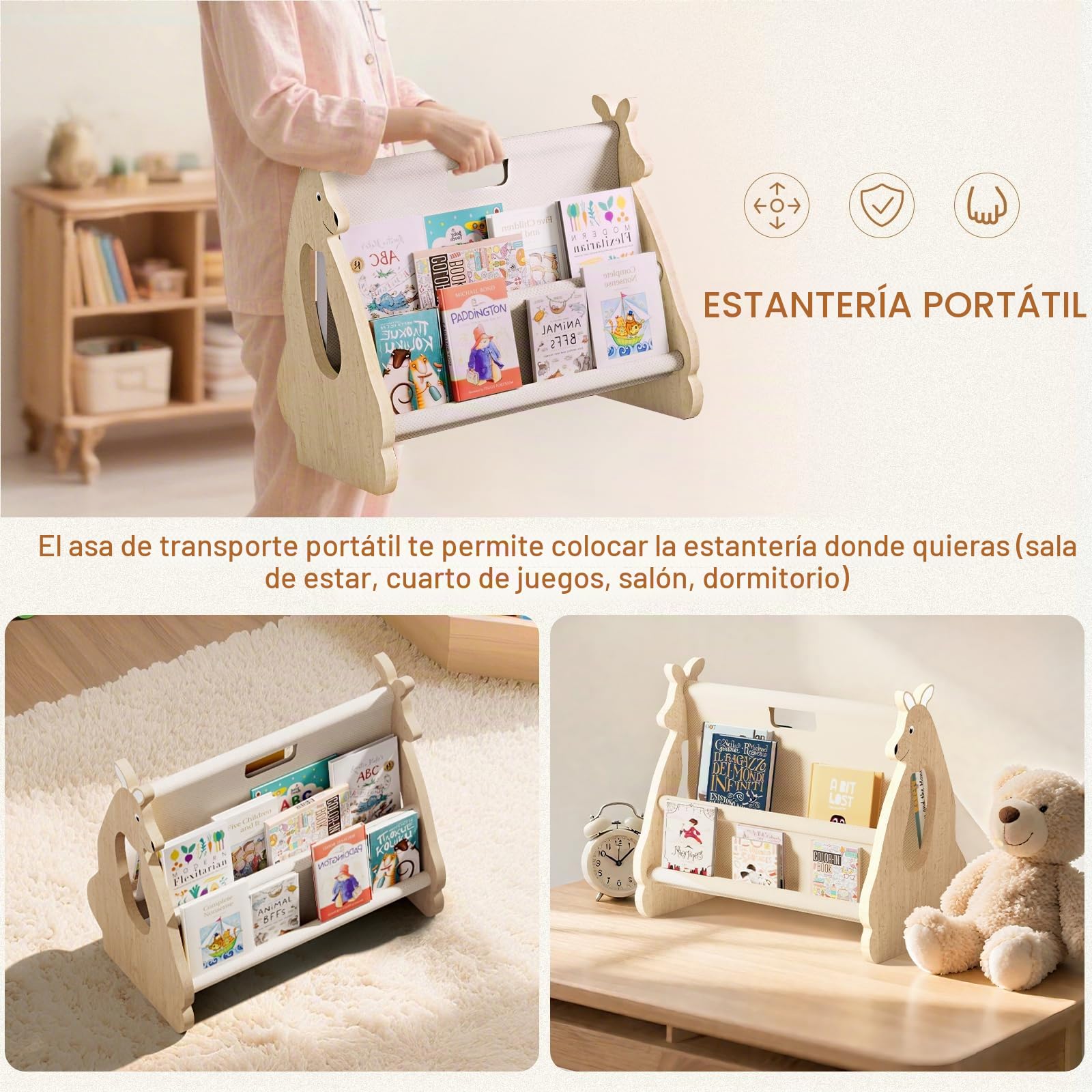 Montessori Librería infantil de madera FSC, portátil, pequeña