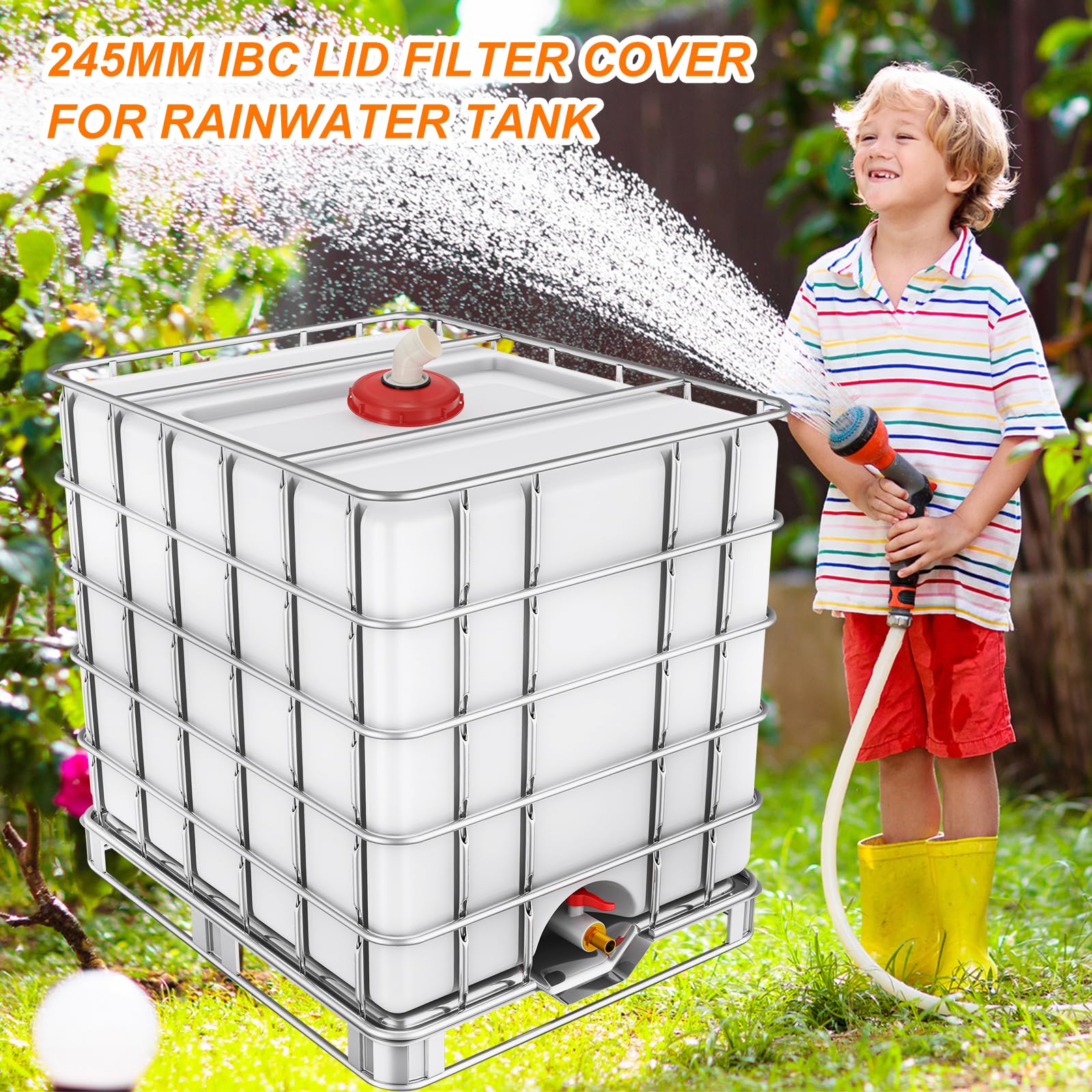 PATIKIL 45° IBC Tapa Filtro Cubierta 245mm Plástico Ton Barril Cubierta con Lavable Nylon Filtro IBC Manijas Manguera Adaptador para Lluvia Tanque 1000L IBC Tanque Rojo Blanco