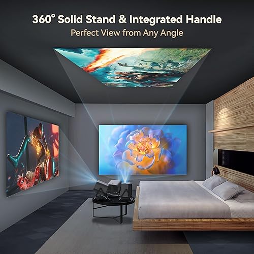 Miniatura 3 de Foco eléctrico y soporte ajustable de 360, proyector de teléfono de 1080P con WiFi y Bluetooth bidireccional, proyector de techo Keystone automático