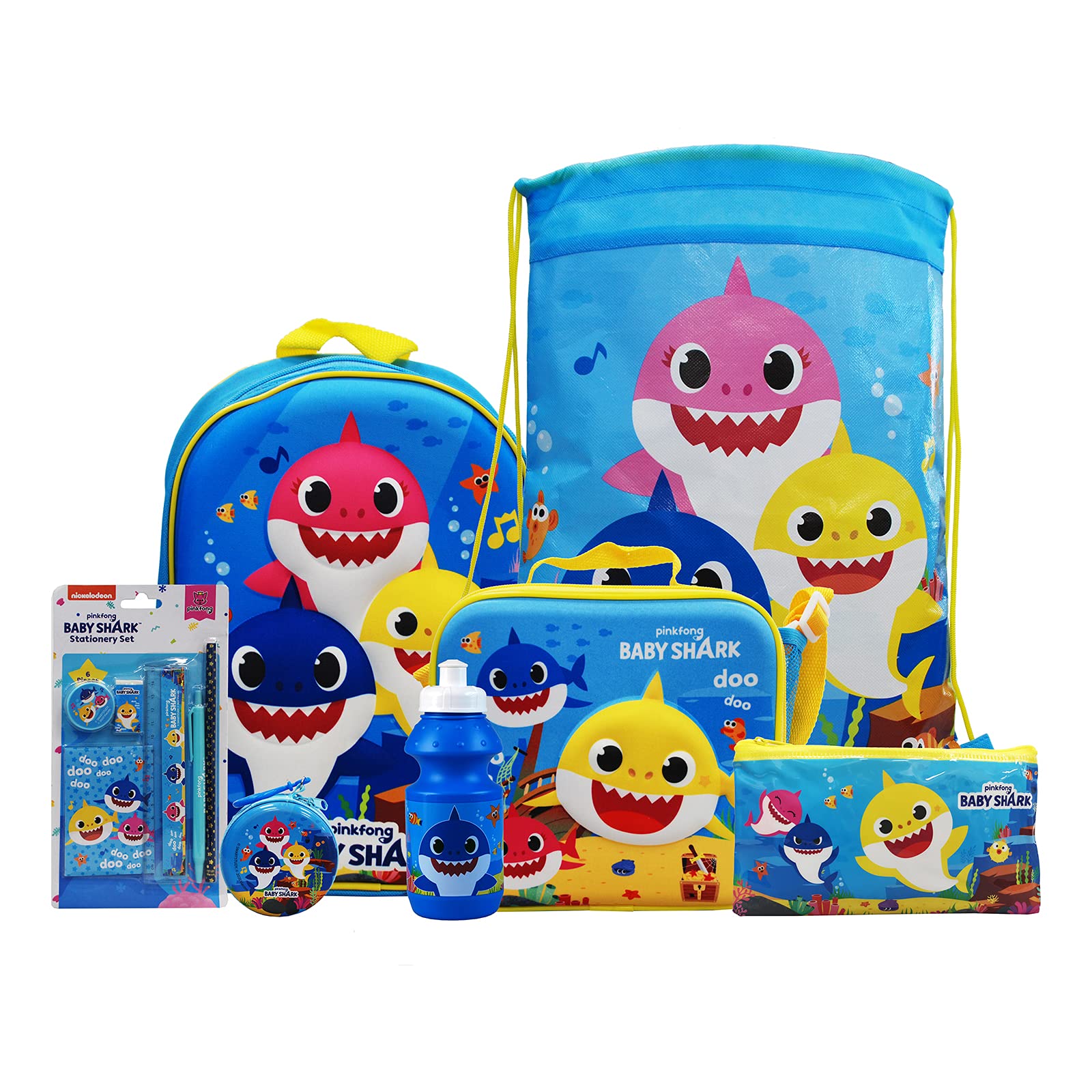 simpahomeBaby Shark 7PC Back to School Bundle - inc 3D Backpack, Drawstring Sports Bag, 3D Insulated Lunch Bag, Water Bottle, Coin Pouch, Pencil Case & Stationery Set.