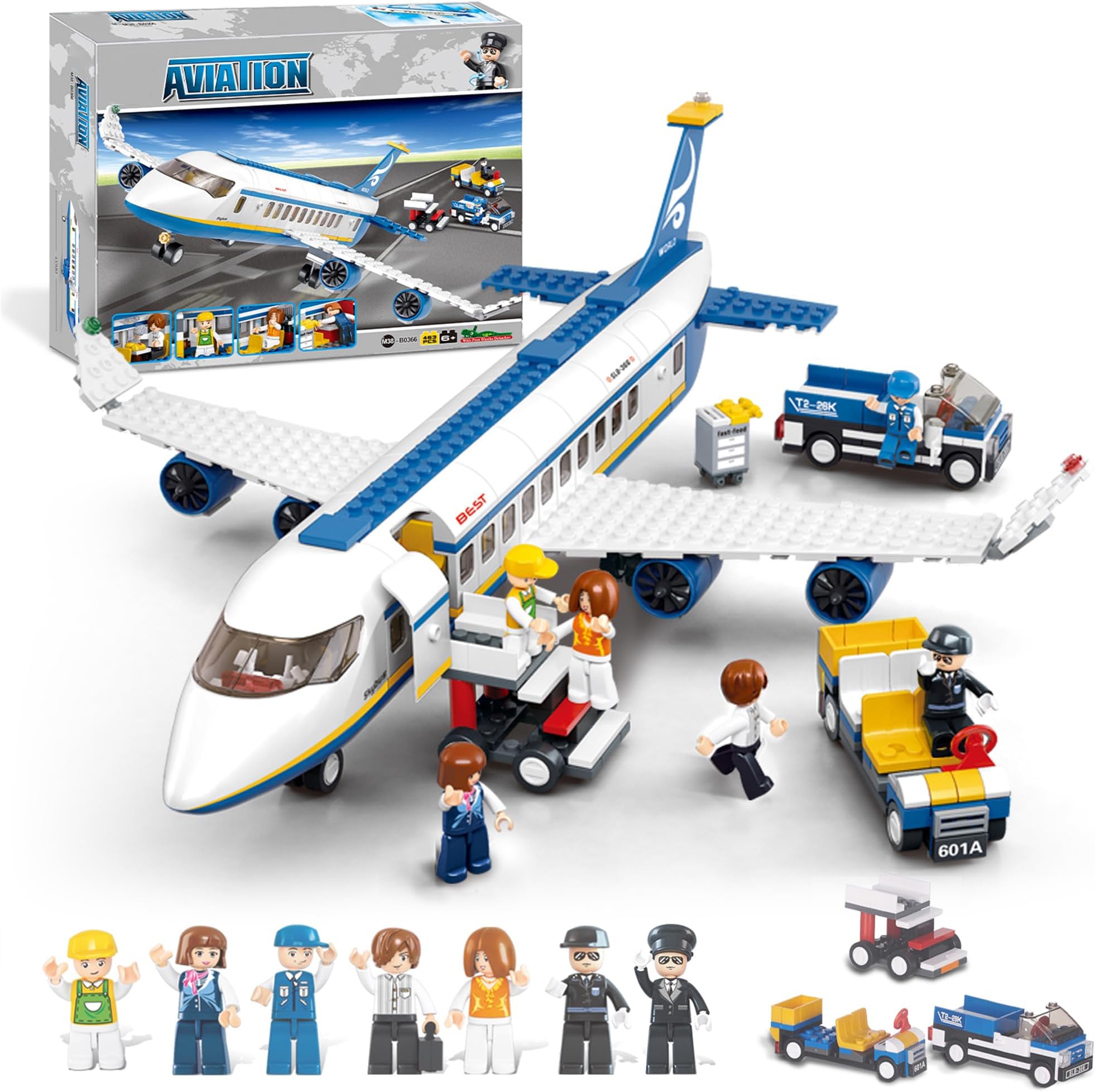 City Passenger Airplane Building Set, Airport Plane Toy for 6-12 Year Old Boys Girls, with a Large Airplane, Passenger Bus, Luggage Truck, Container Loader, 7 Minifigures