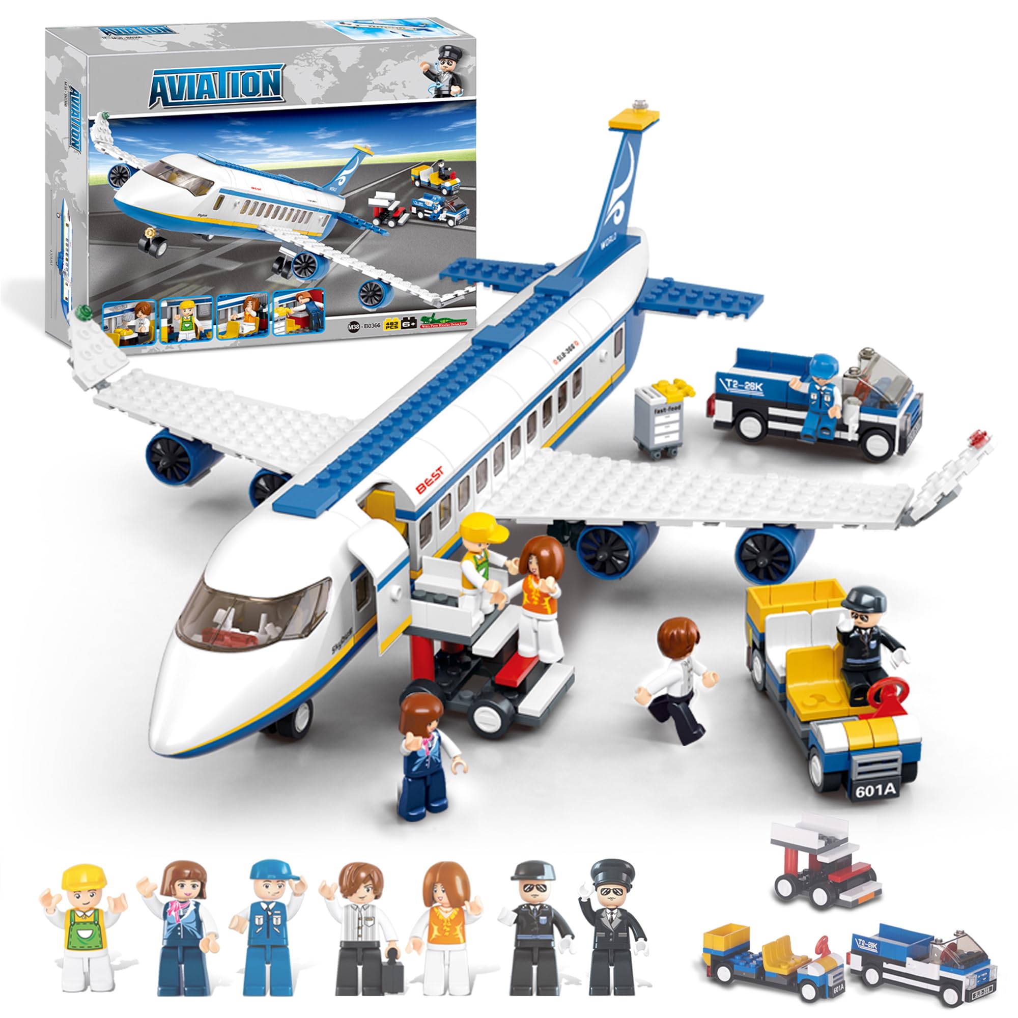 City Passenger Airplane Building Set, Airport Plane Toy for 6-12 Year Old Boys Girls, with a Large Airplane, Passenger Bus, Luggage Truck, Container Loader, 7 Minifigures