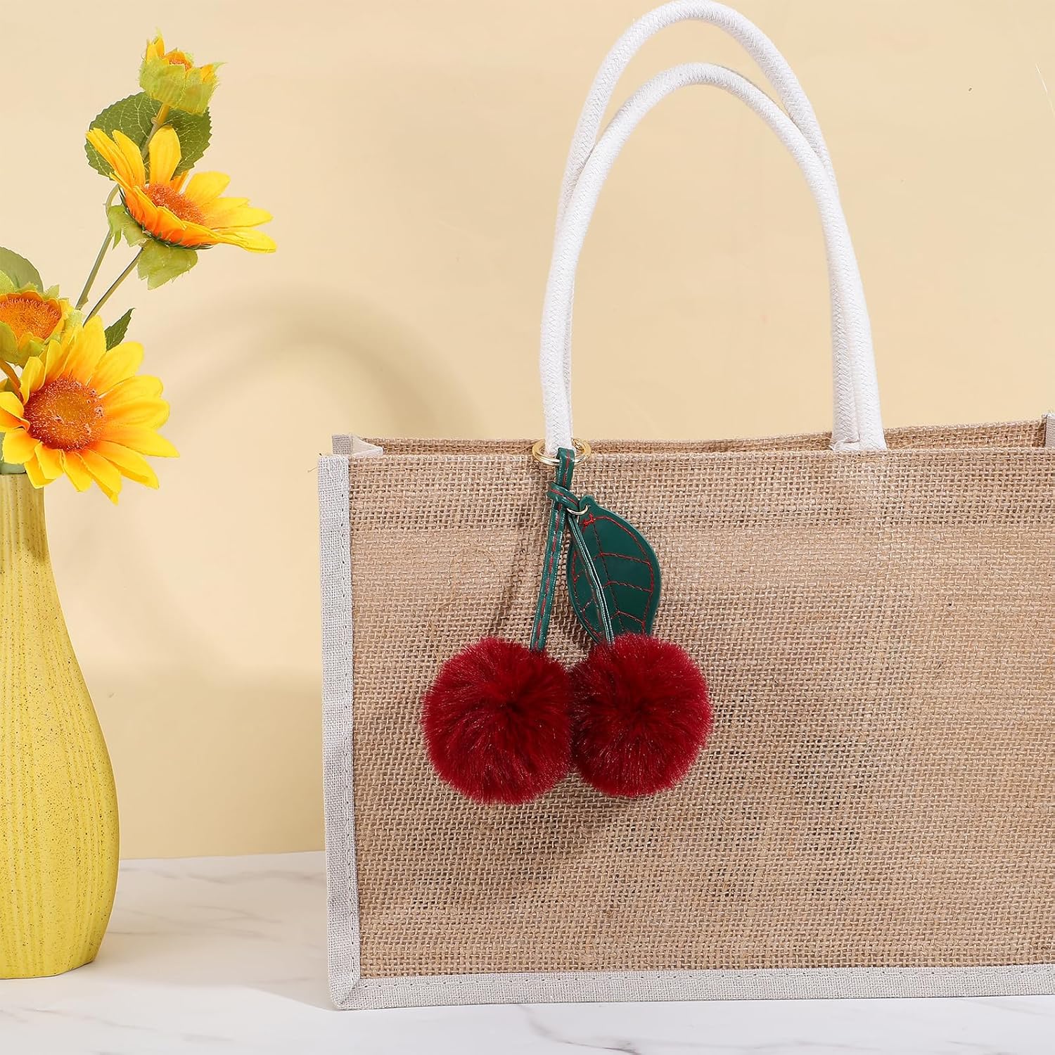 Cherry Pom Pom Keychain, Cute Cherry Keychain Fluffy Cherrys Bag Charm Plush Handbags Pendant Plush Car Key Chain for Women Girls